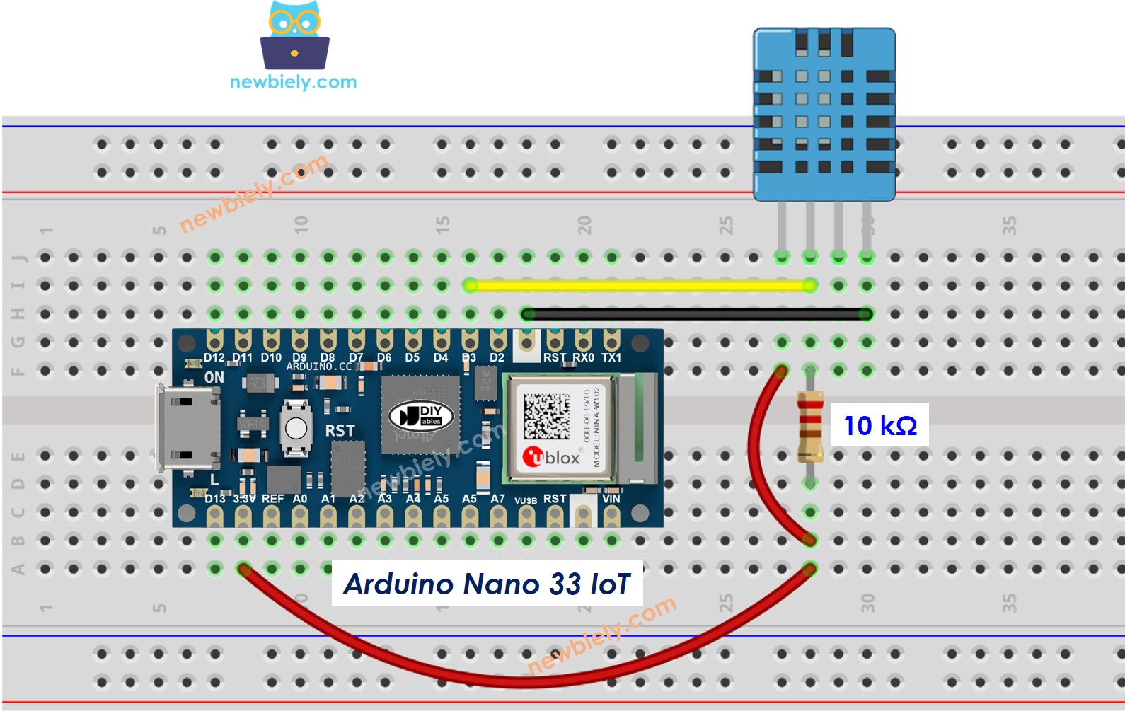 The wiring diagram between Arduino Nano and 33 IoT DHT11 Temperature and humidity Sensor