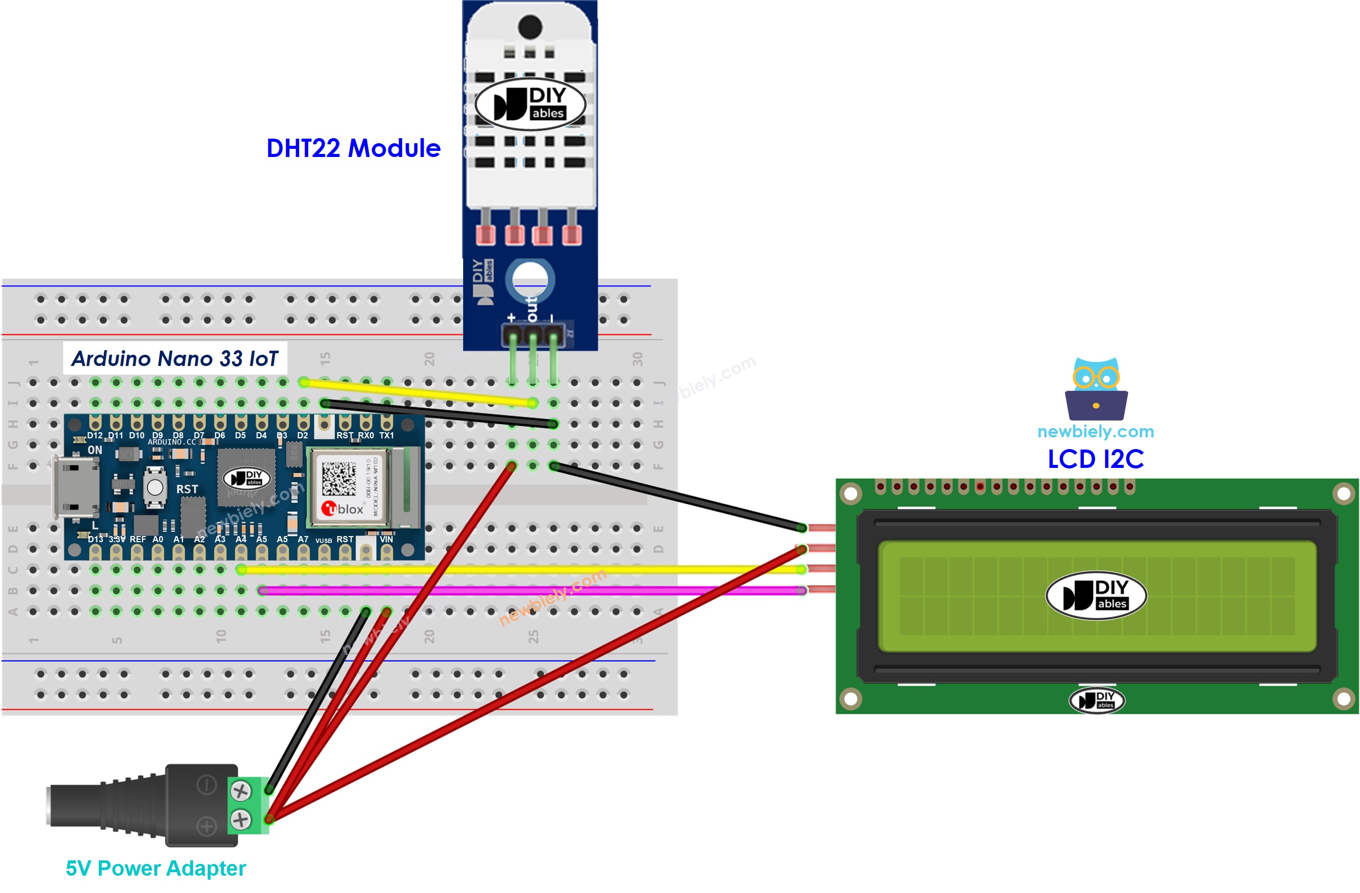 The wiring diagram between Arduino Nano and 33 IoT DHT22 LCD I2C