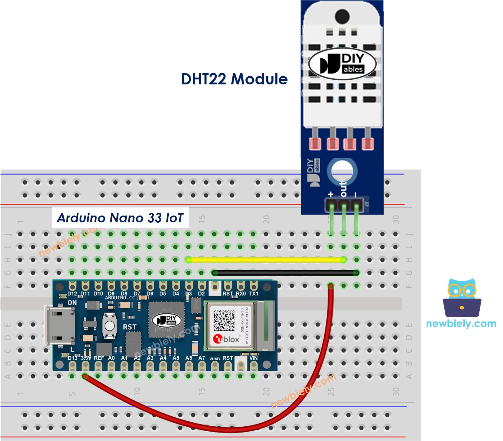 The wiring diagram between Arduino Nano and 33 IoT DHT22 Temperature and humidity Module