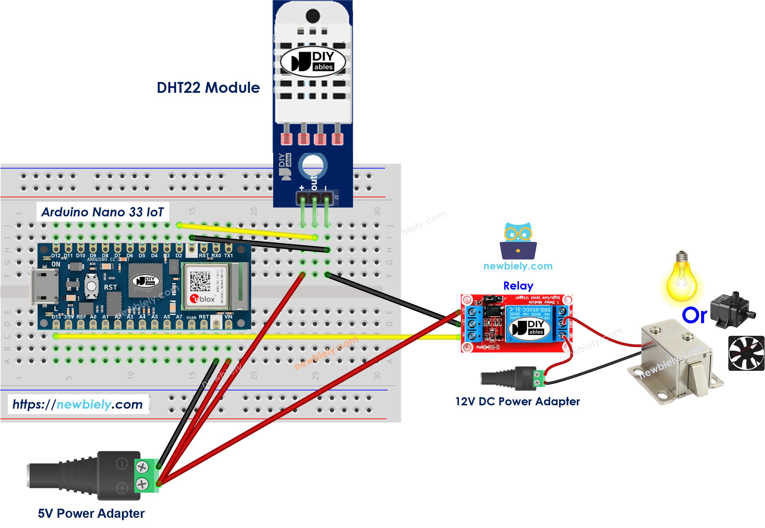 The wiring diagram between Arduino Nano and 33 IoT dht22 sensor relay