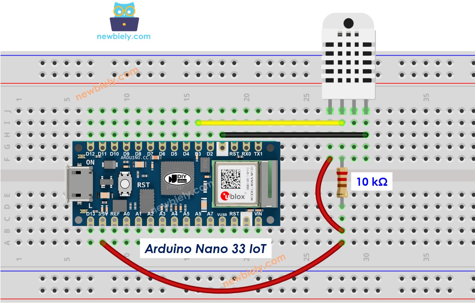 The wiring diagram between Arduino Nano and 33 IoT DHT22 Temperature and humidity Sensor