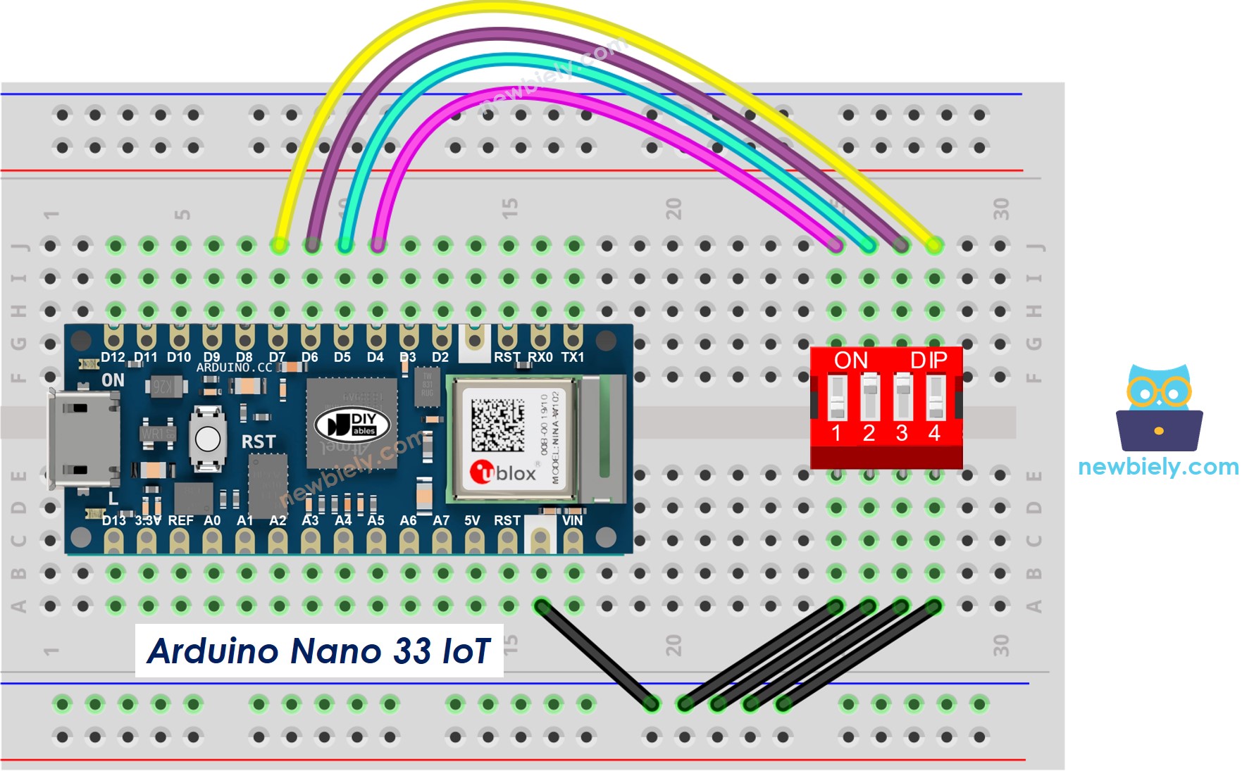 The wiring diagram between Arduino Nano and 33 IoT DIP switch