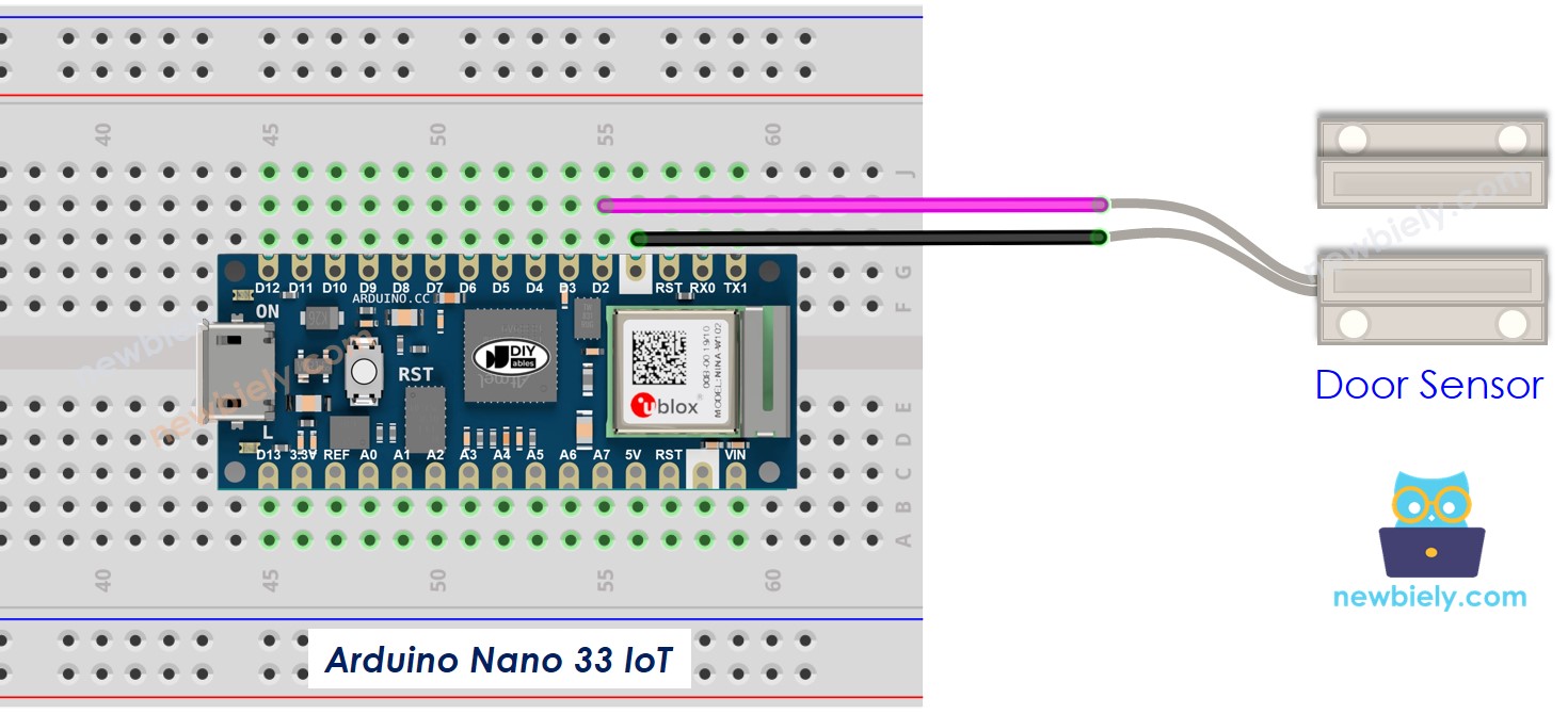 The wiring diagram between Arduino Nano and 33 IoT Door Sensor