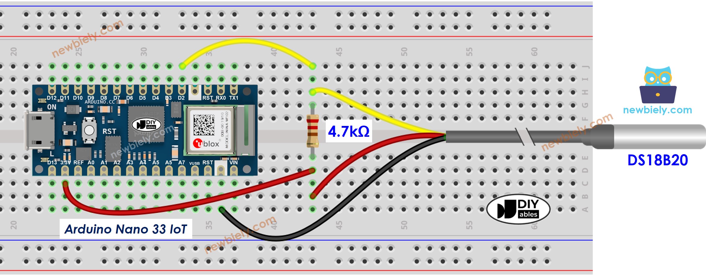 The wiring diagram between Arduino Nano and 33 IoT Temperature Sensor