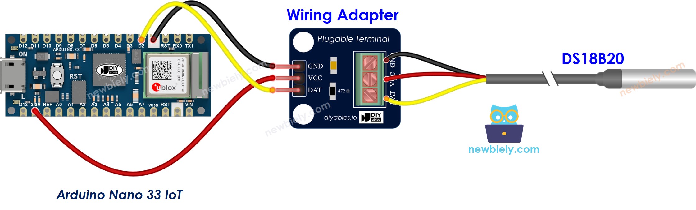 The wiring diagram between Arduino Nano and 33 IoT DS18B20