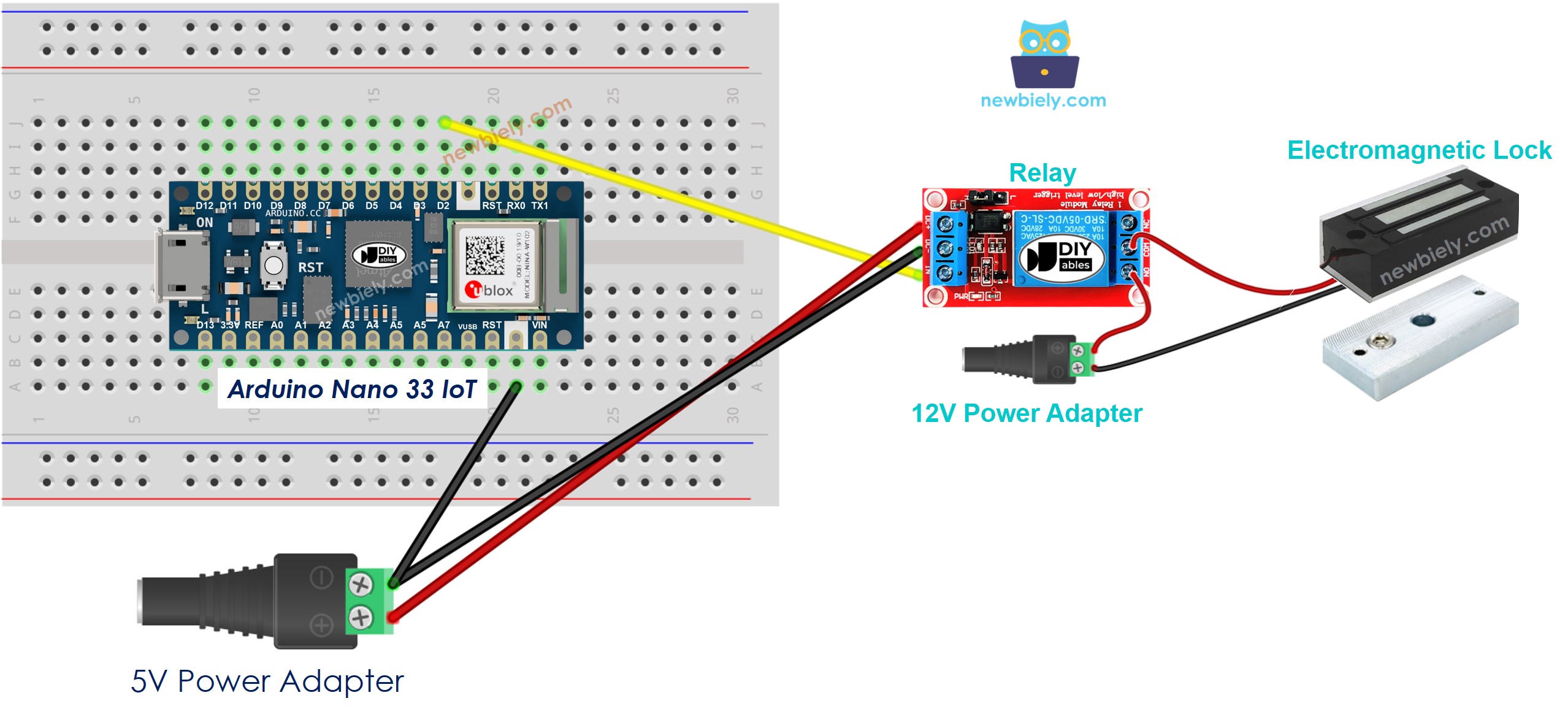 The wiring diagram between Arduino Nano and 33 IoT Electromagnetic Lock