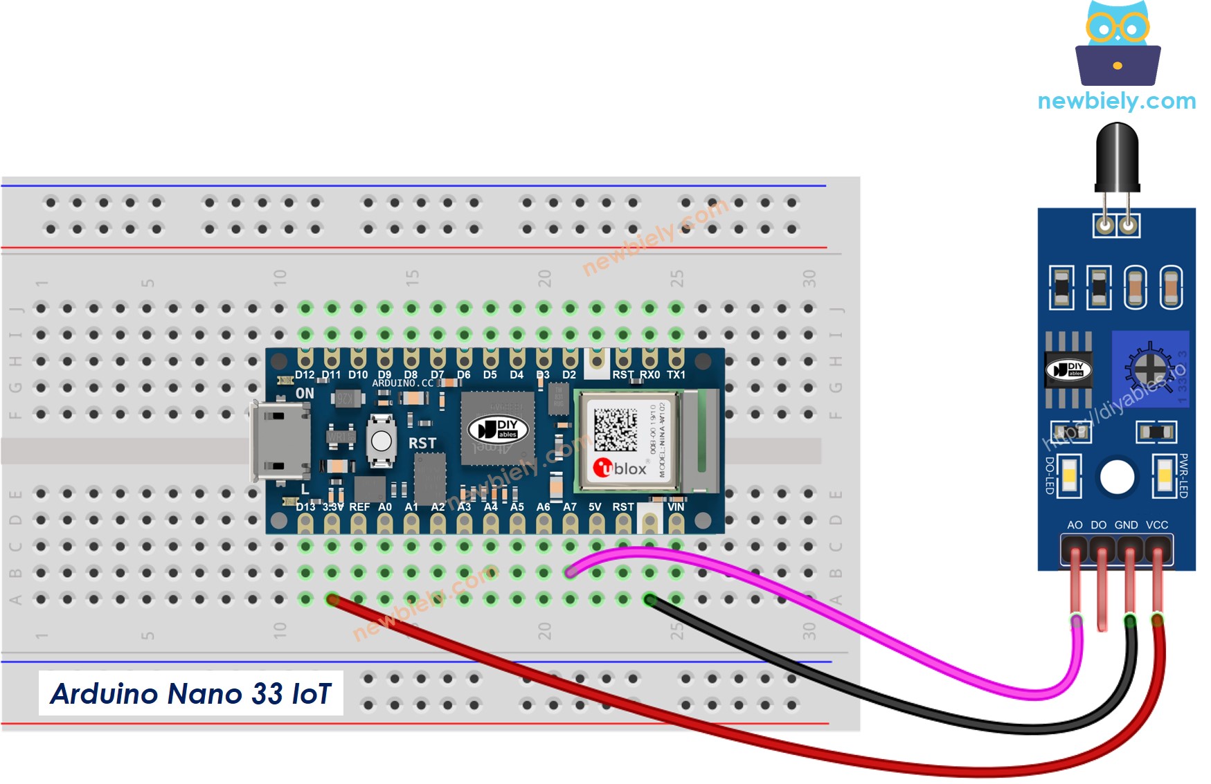 The wiring diagram between Arduino Nano and 33 IoT fire sensor