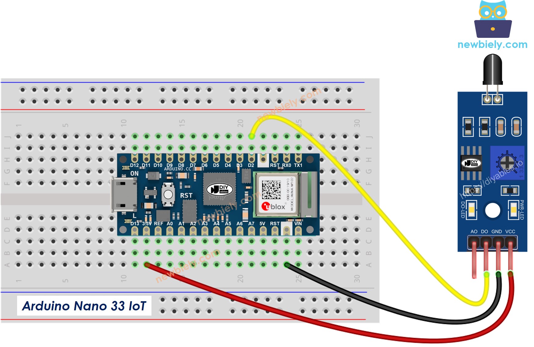 The wiring diagram between Arduino Nano and 33 IoT Flame Sensor