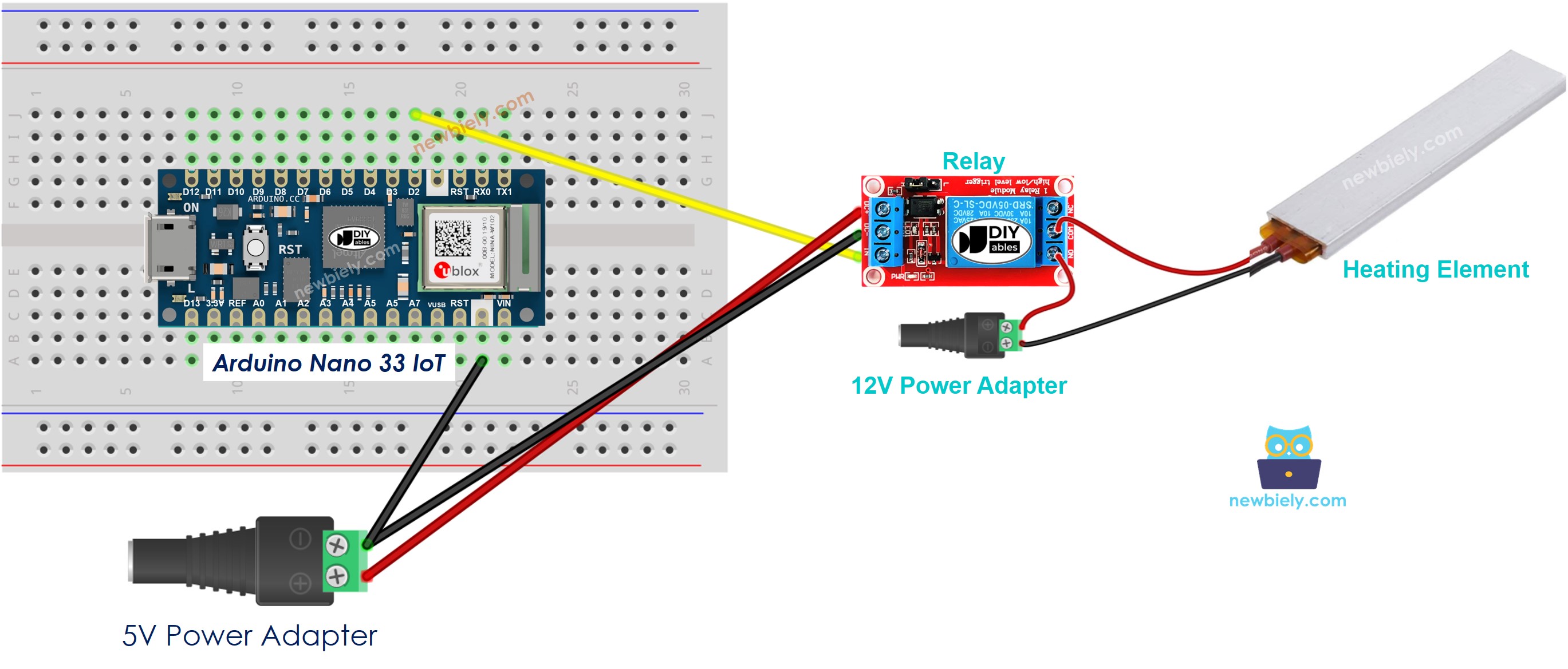 The wiring diagram between Arduino Nano and 33 IoT Heating Element