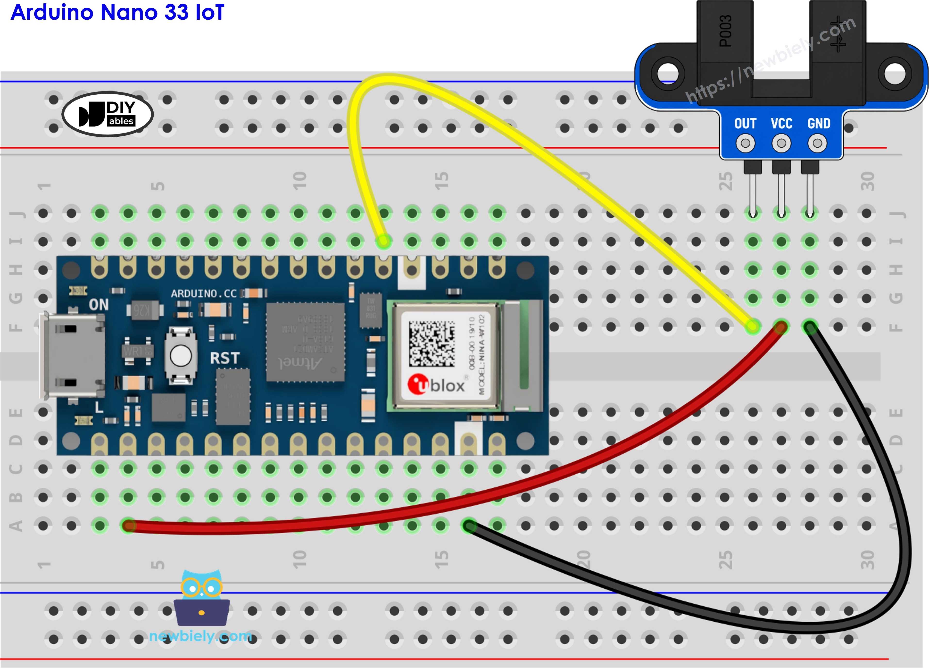 The wiring diagram between Arduino Nano and 33 IoT IR Slotted Optical Speed Sensor