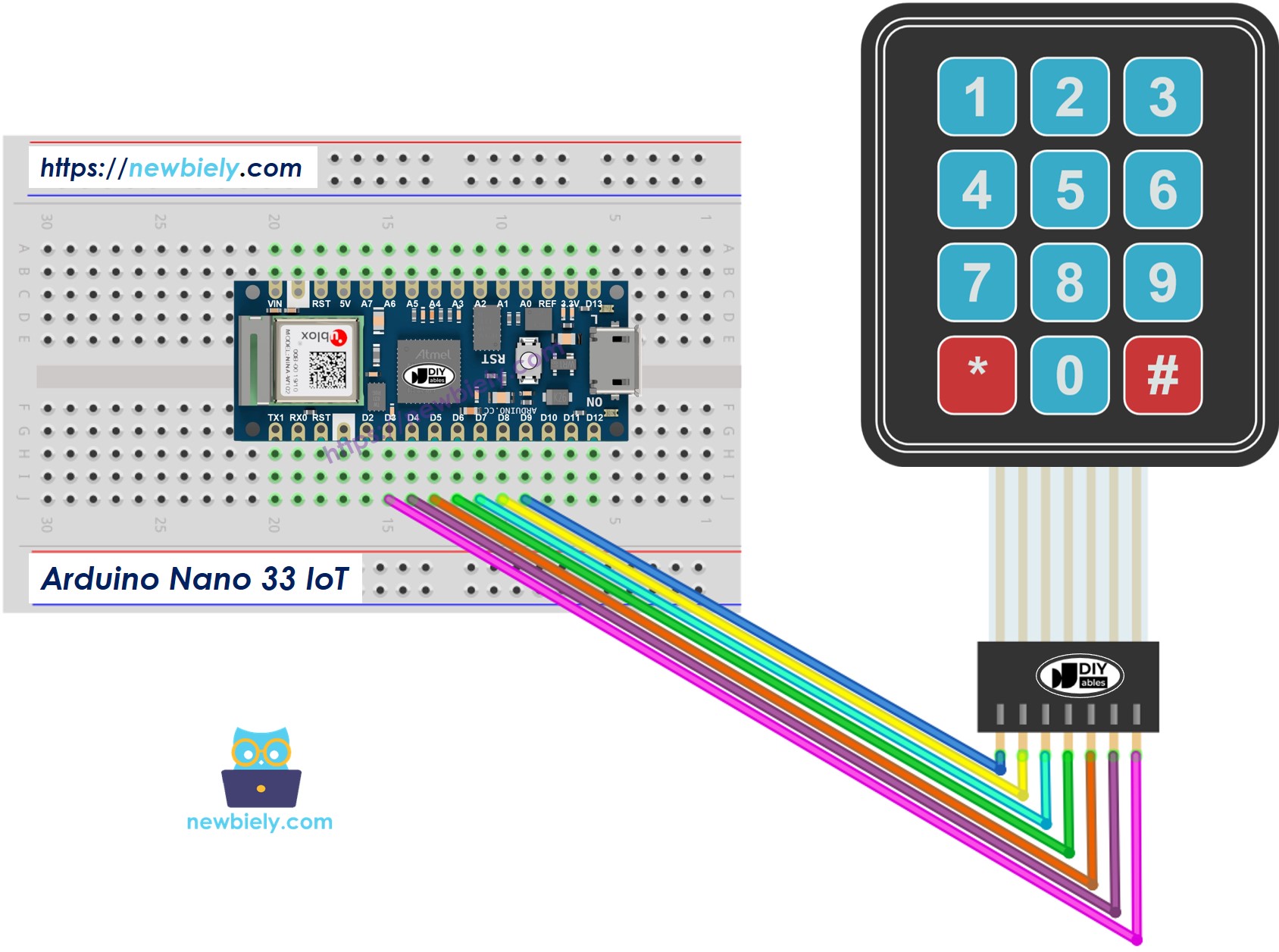 The wiring diagram between Arduino Nano and 33 IoT Keypad