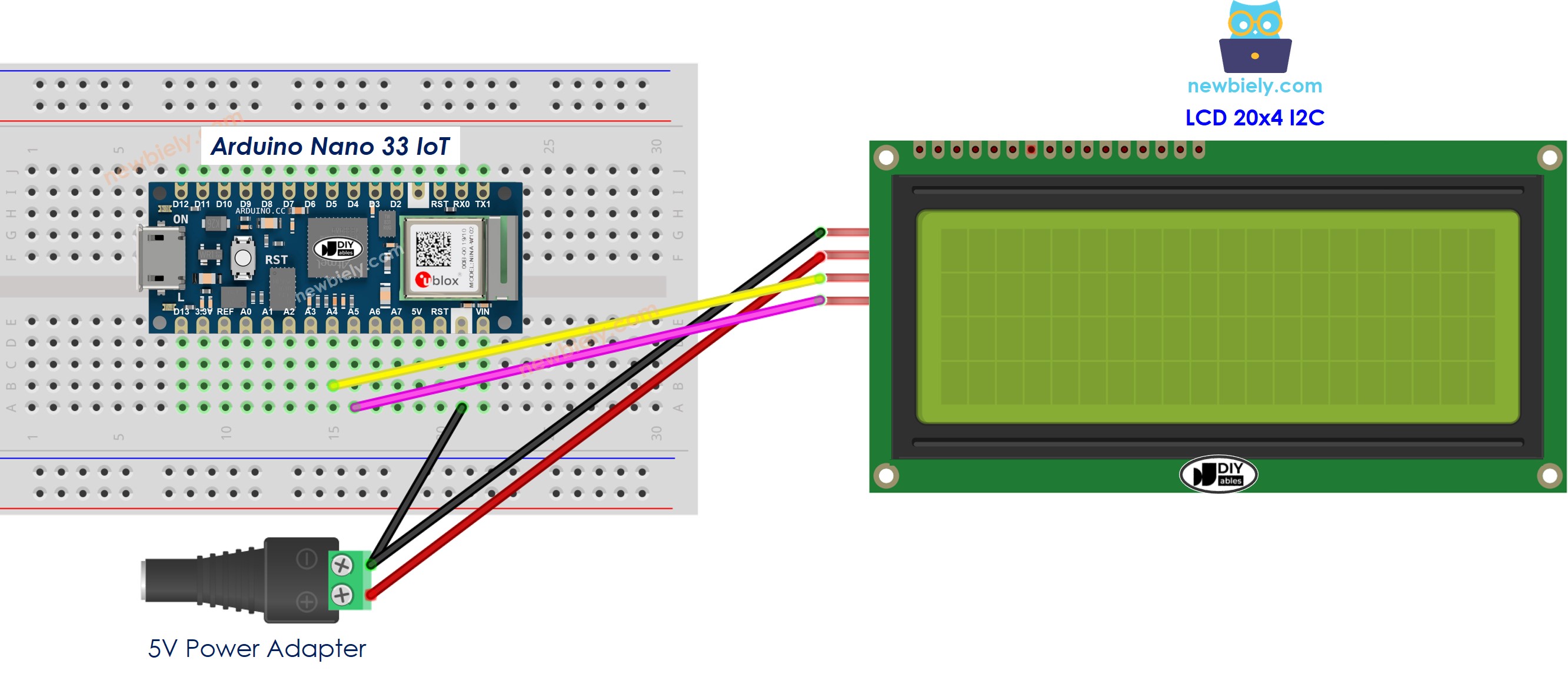 The wiring diagram between Arduino Nano and 33 IoT LCD 20x4 I2C