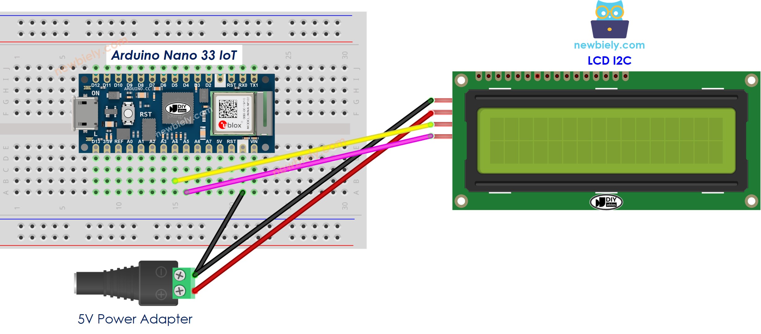 The wiring diagram between Arduino Nano and 33 IoT LCD I2C