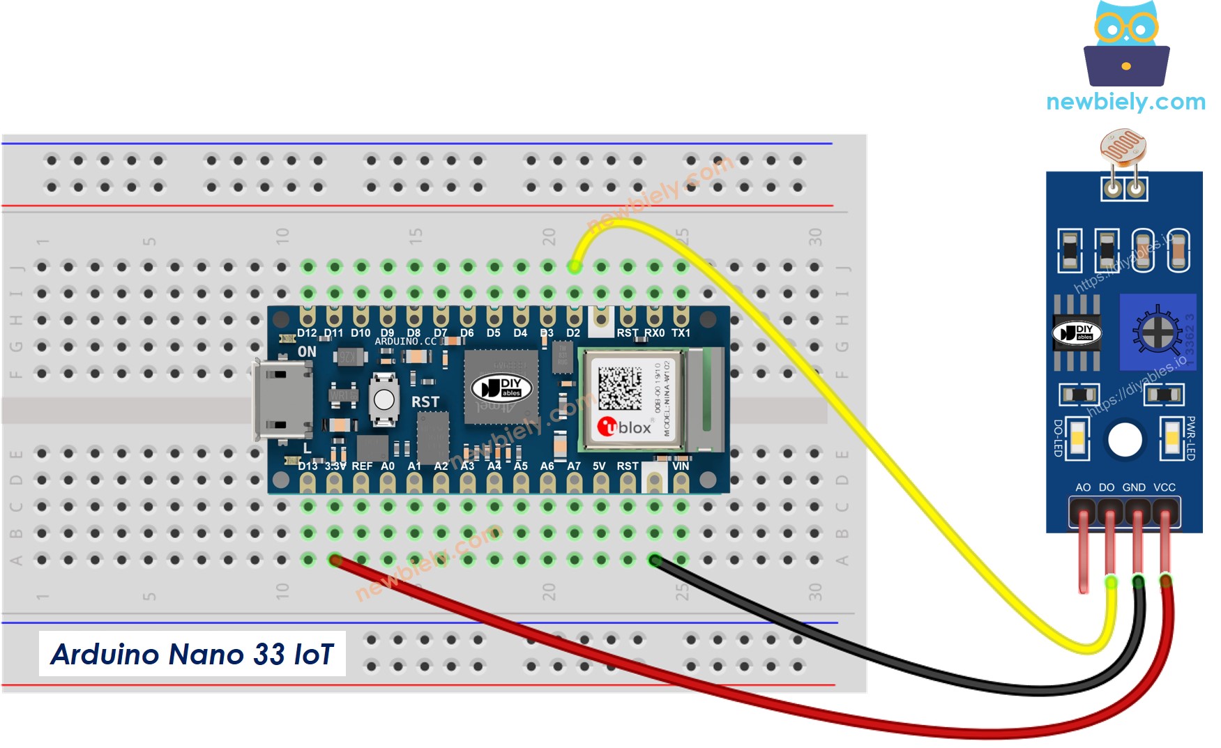 The wiring diagram between Arduino Nano and 33 IoT LDR Light Sensor Module