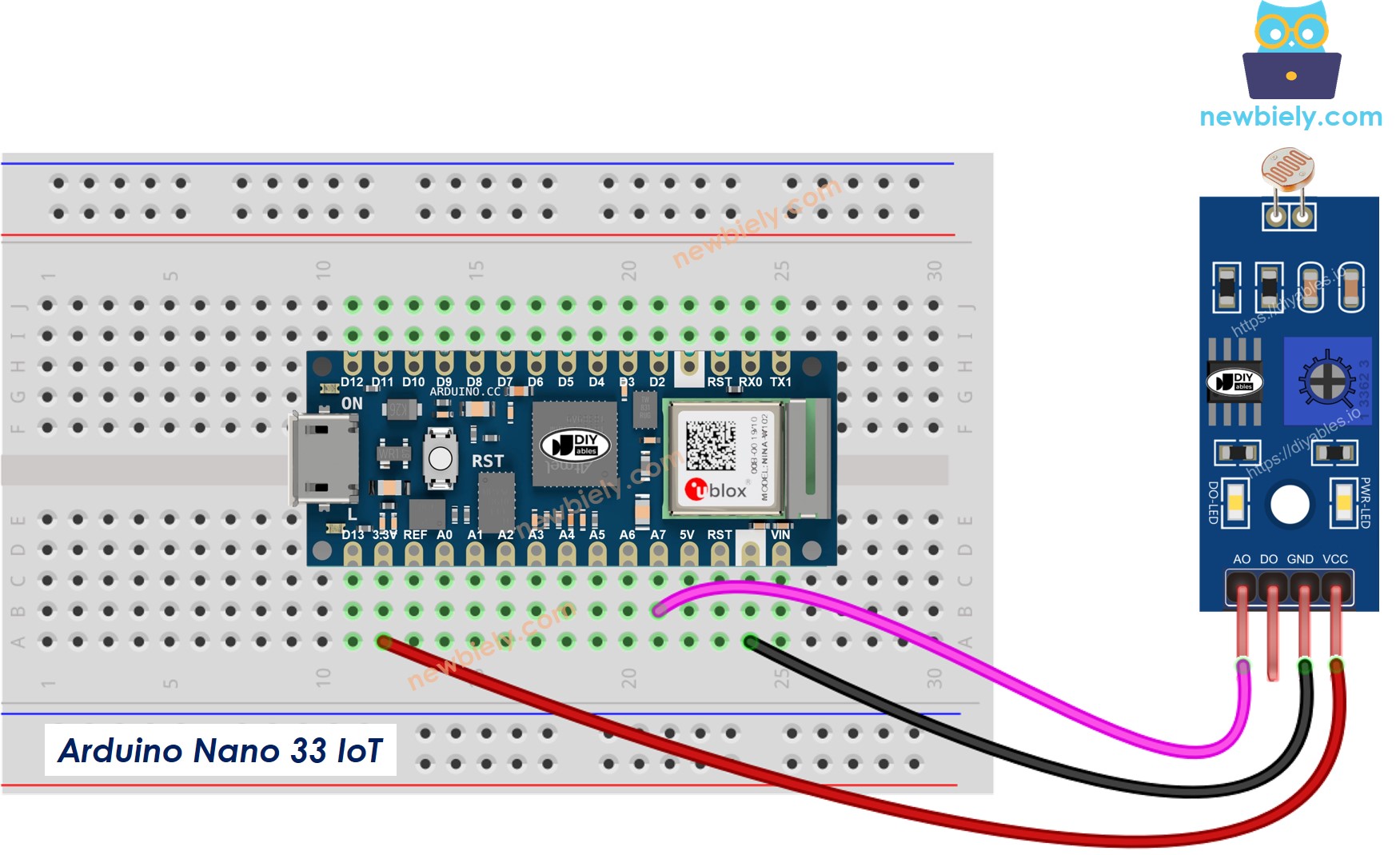 The wiring diagram between Arduino Nano and 33 IoT LDR Module