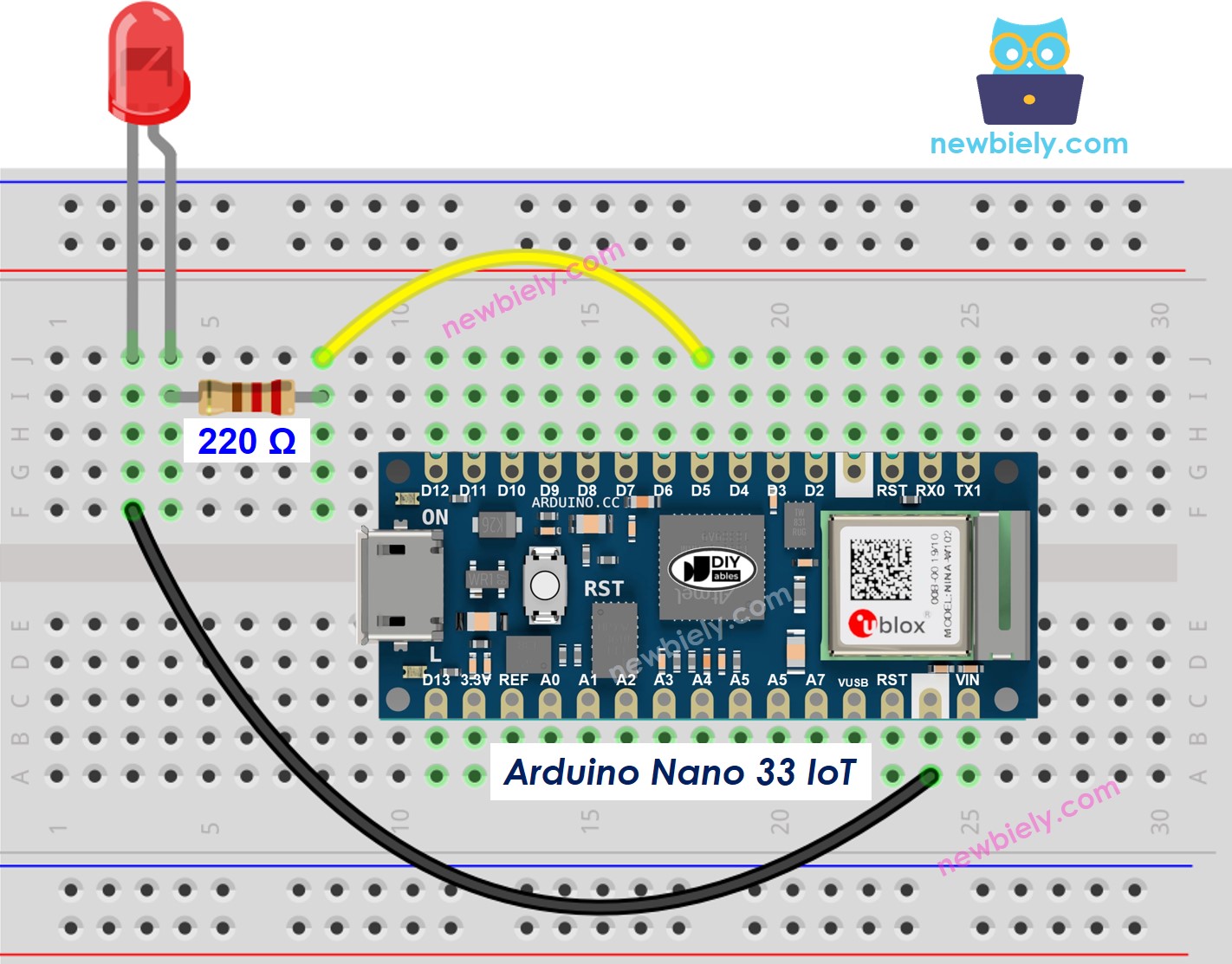 The wiring diagram between Arduino Nano and 33 IoT LED