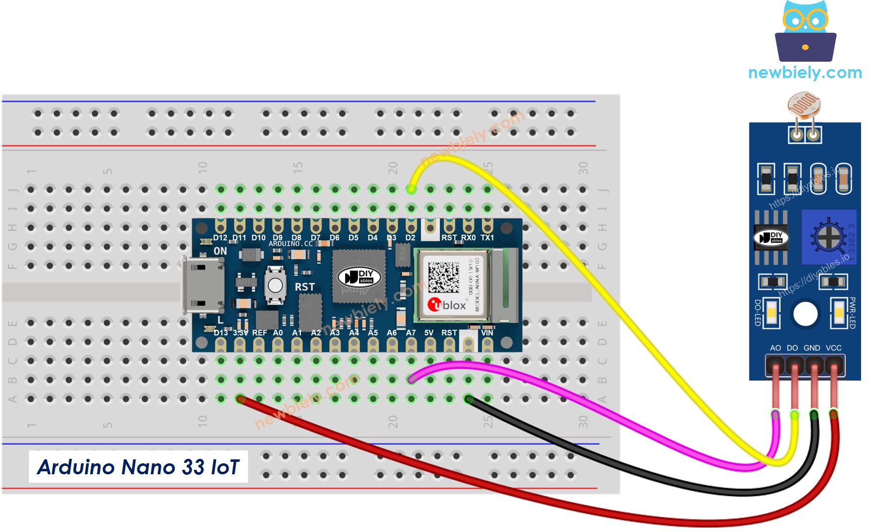 The wiring diagram between Arduino Nano and 33 IoT Light Sensor Module