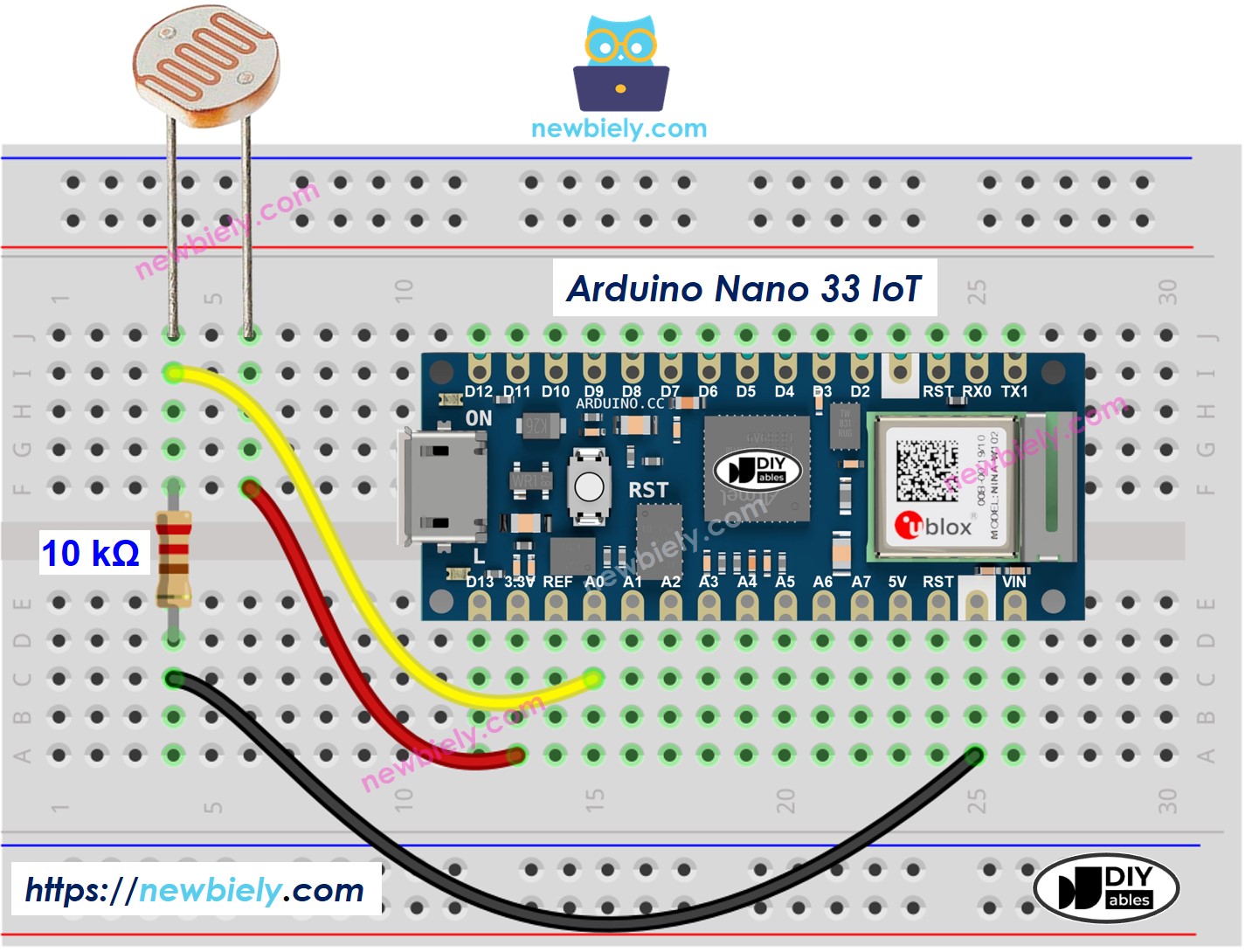 The wiring diagram between Arduino Nano and 33 IoT Light Sensor