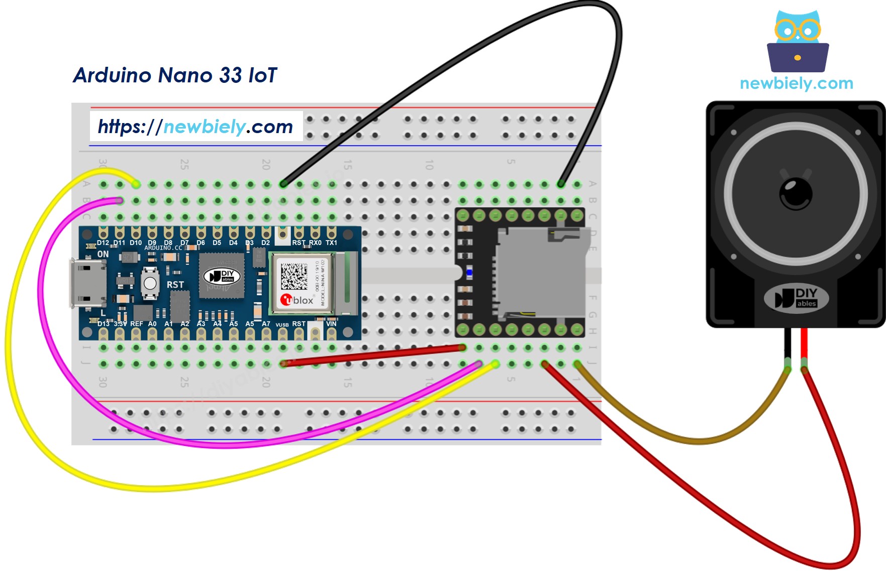 The wiring diagram between Arduino Nano and 33 IoT Mini Mp3 Player