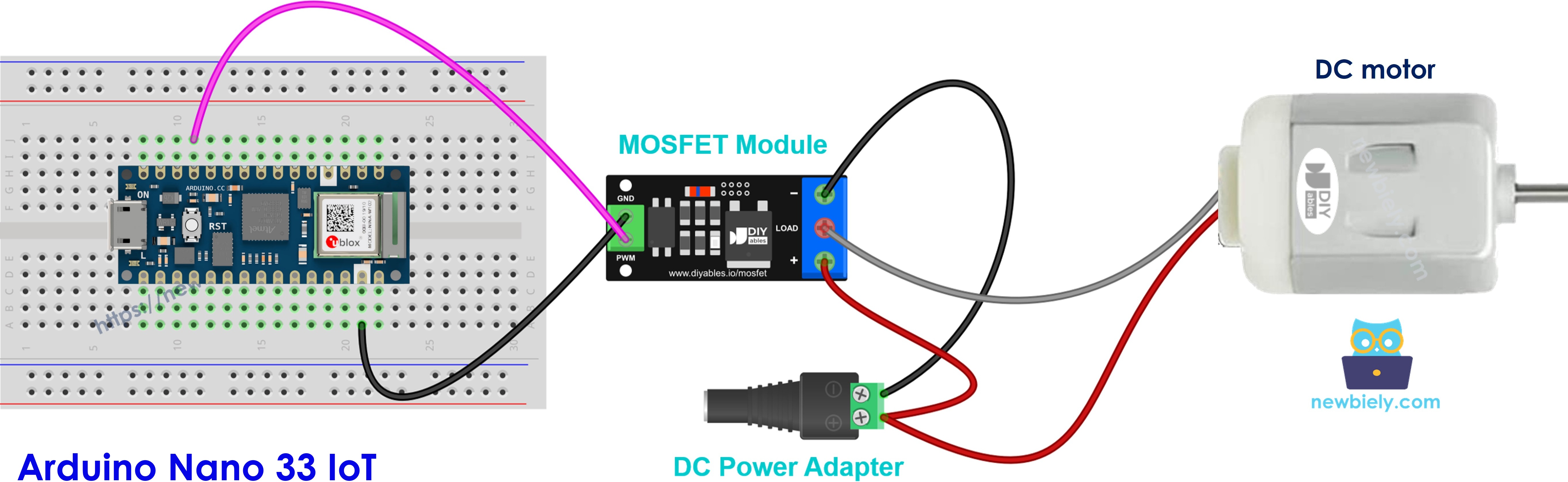 The wiring diagram between MOSFET module with 12V DC motor
