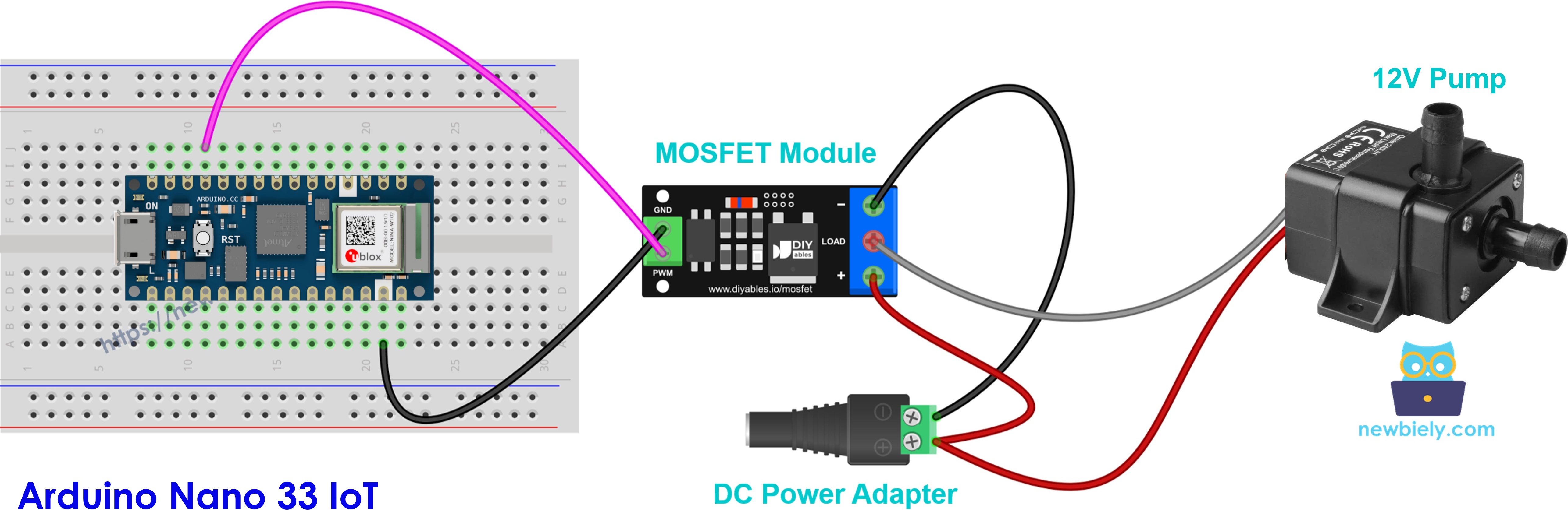 The wiring diagram between MOSFET module 12V water pump