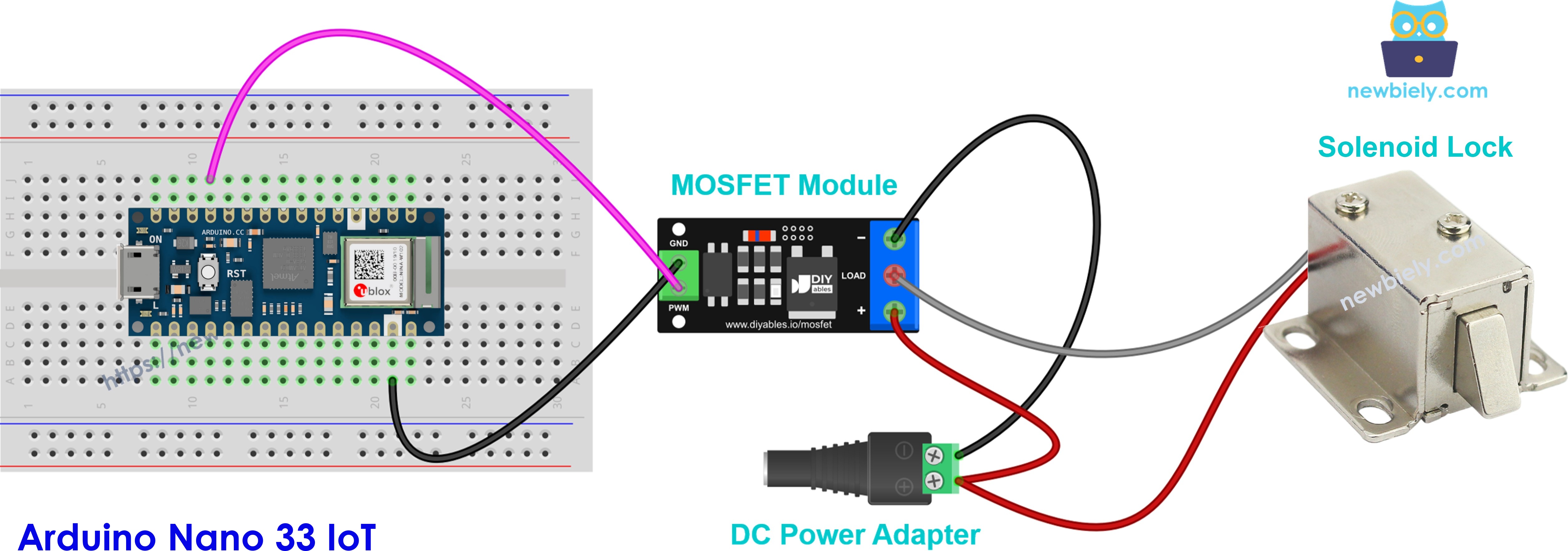 The wiring diagram between MOSFET module 12V solenoid lock