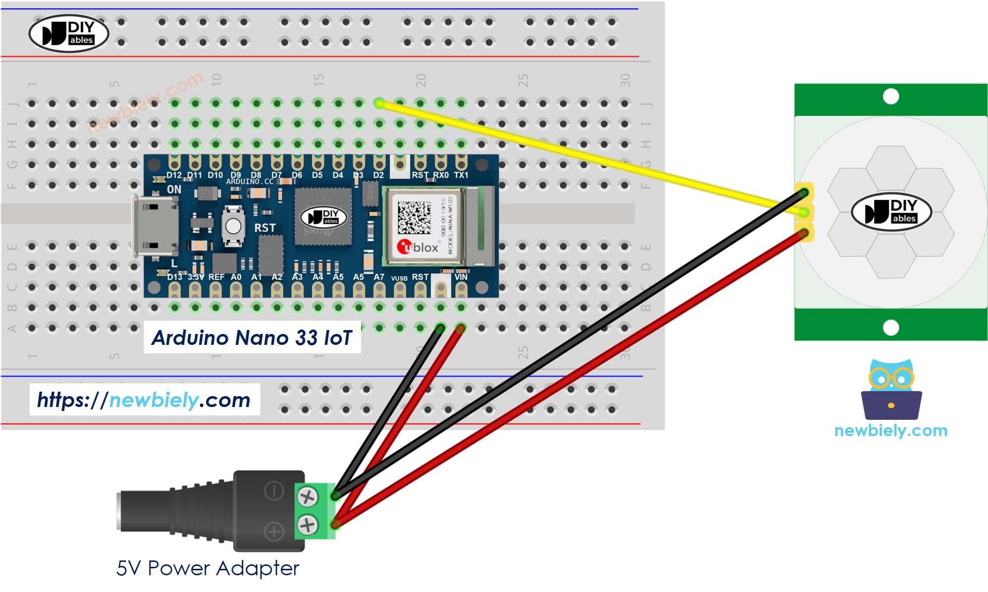 The wiring diagram between Arduino Nano and 33 IoT Motion Sensor  with external power adapter