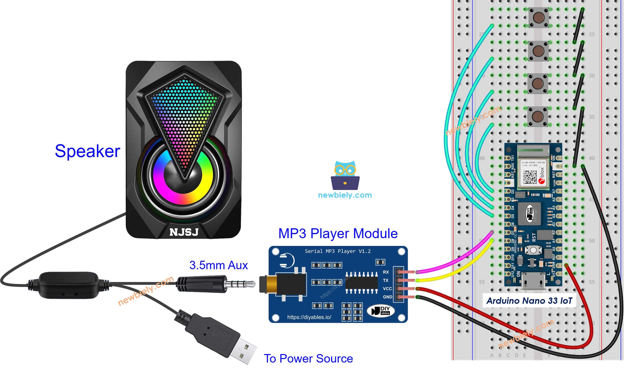 The wiring diagram between Arduino Nano and 33 IoT MP3 player speaker