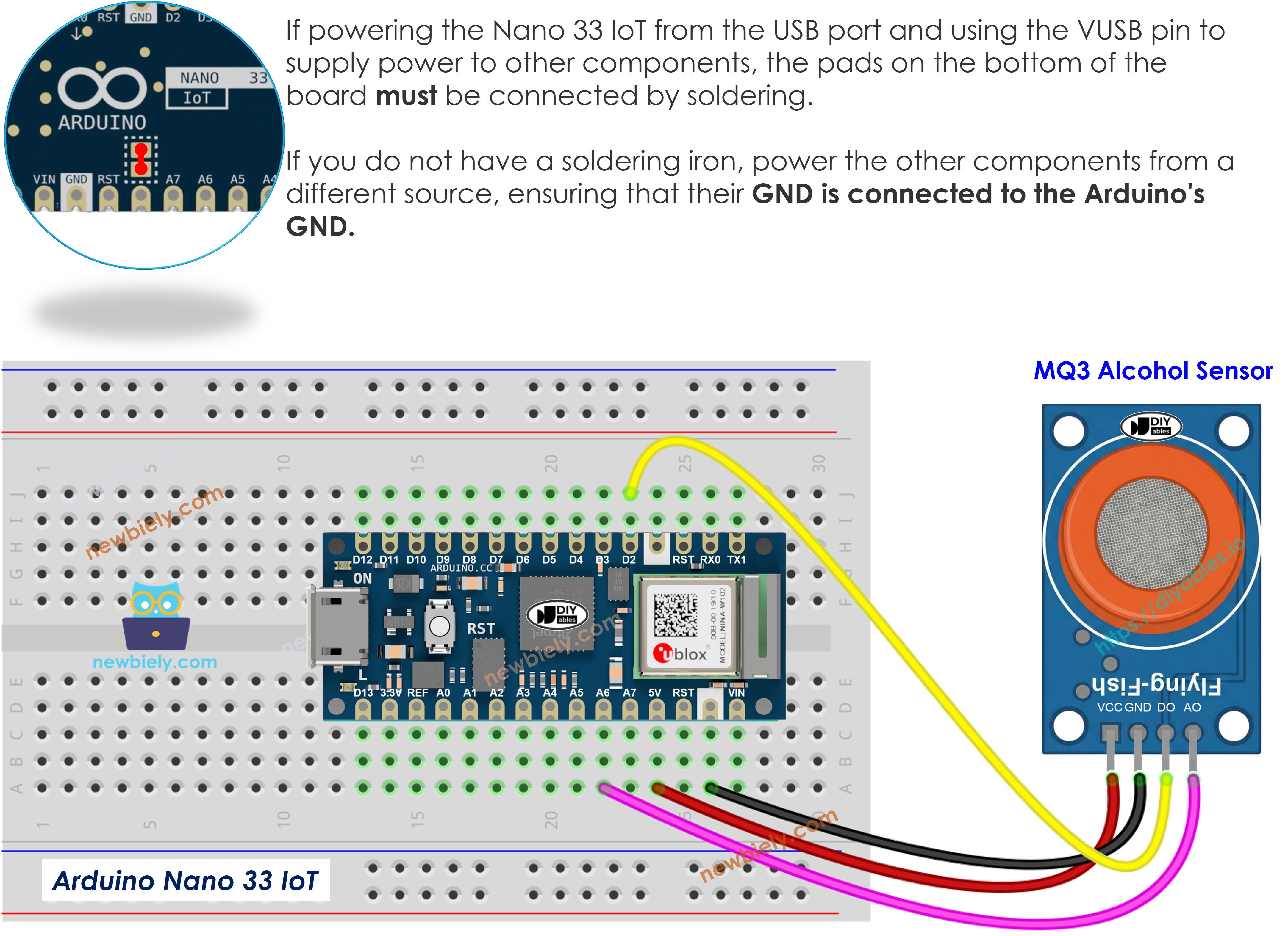 The wiring diagram between Arduino Nano and 33 IoT MQ3 alcohol sensor