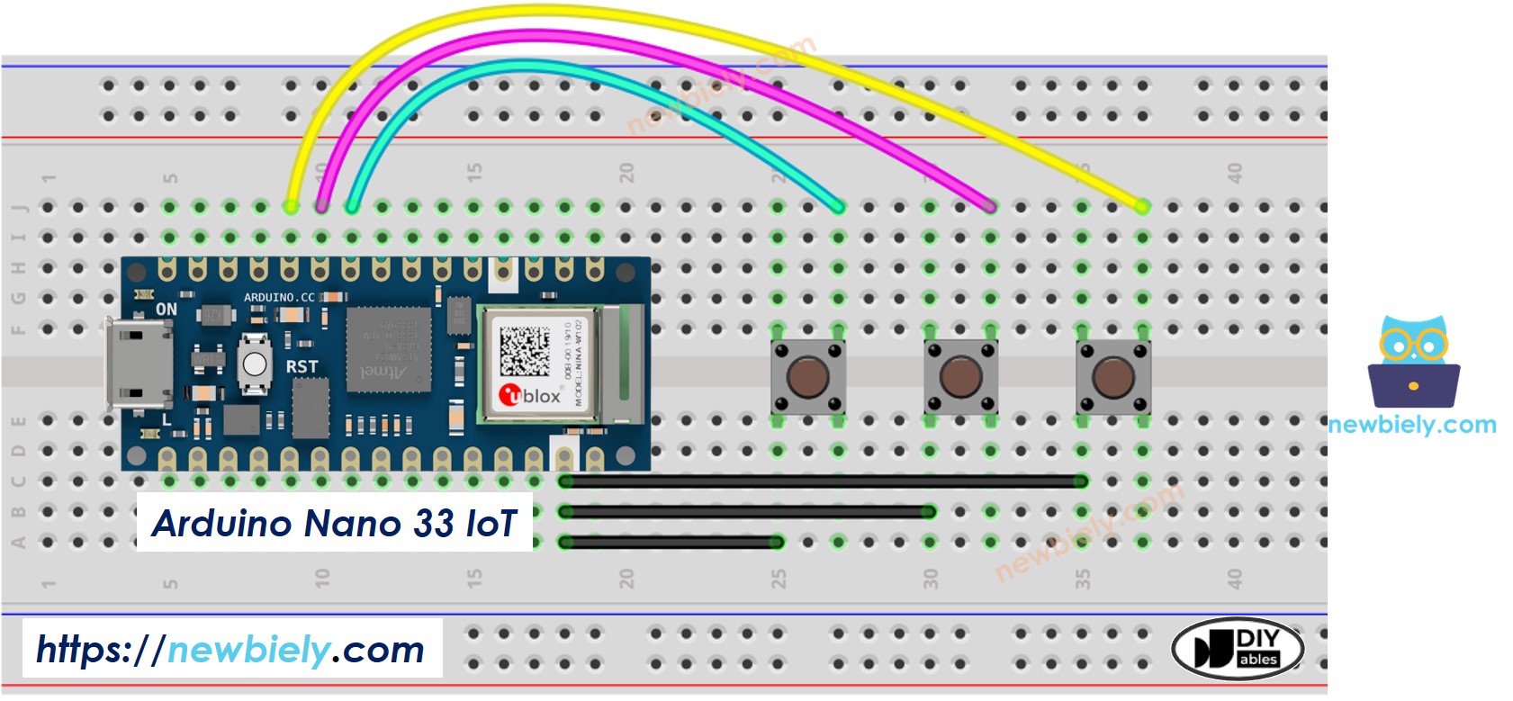 The wiring diagram between Arduino Nano and 33 IoT Button Library