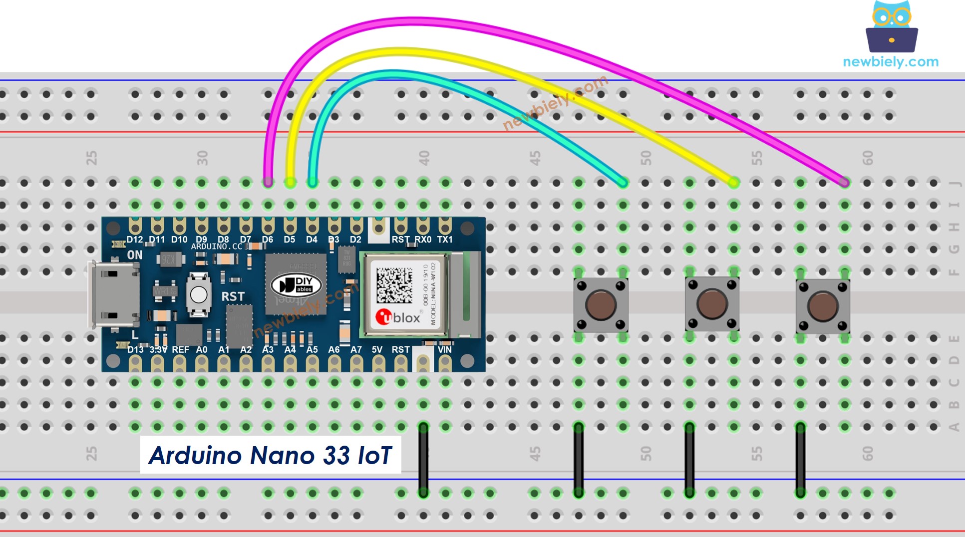 The wiring diagram between Arduino Nano and 33 IoT multiple button