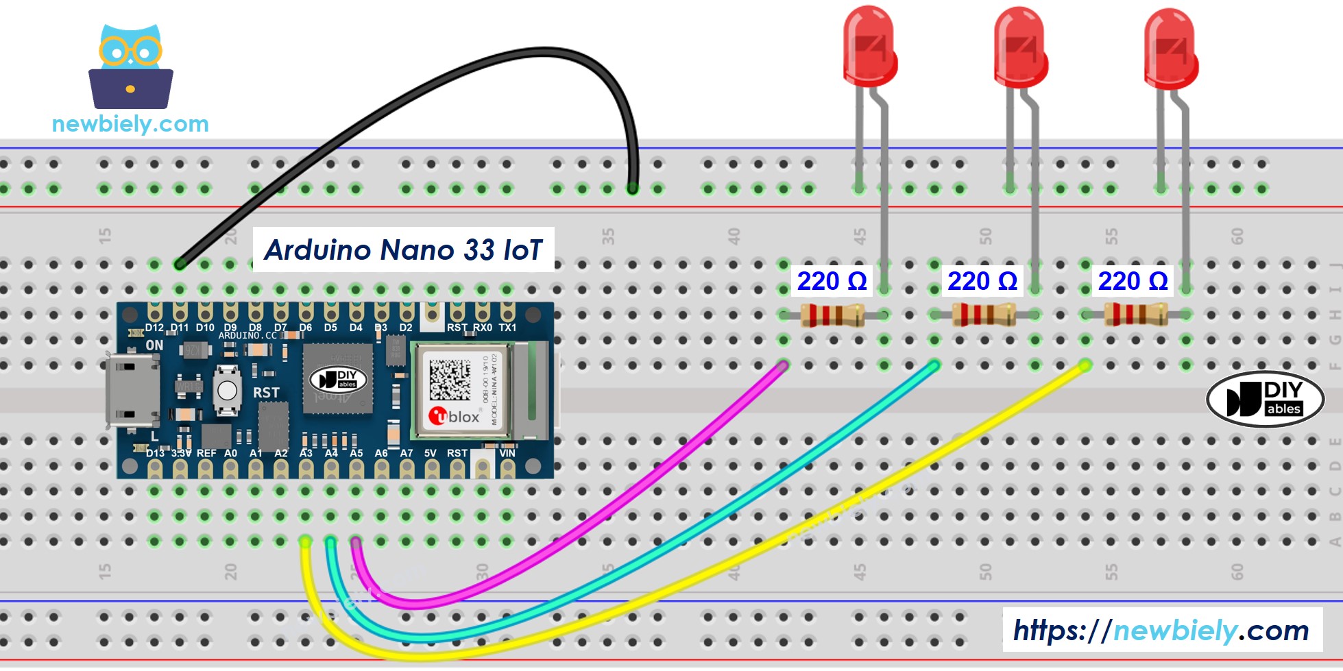 The wiring diagram between Arduino Nano and 33 IoT multiple LED