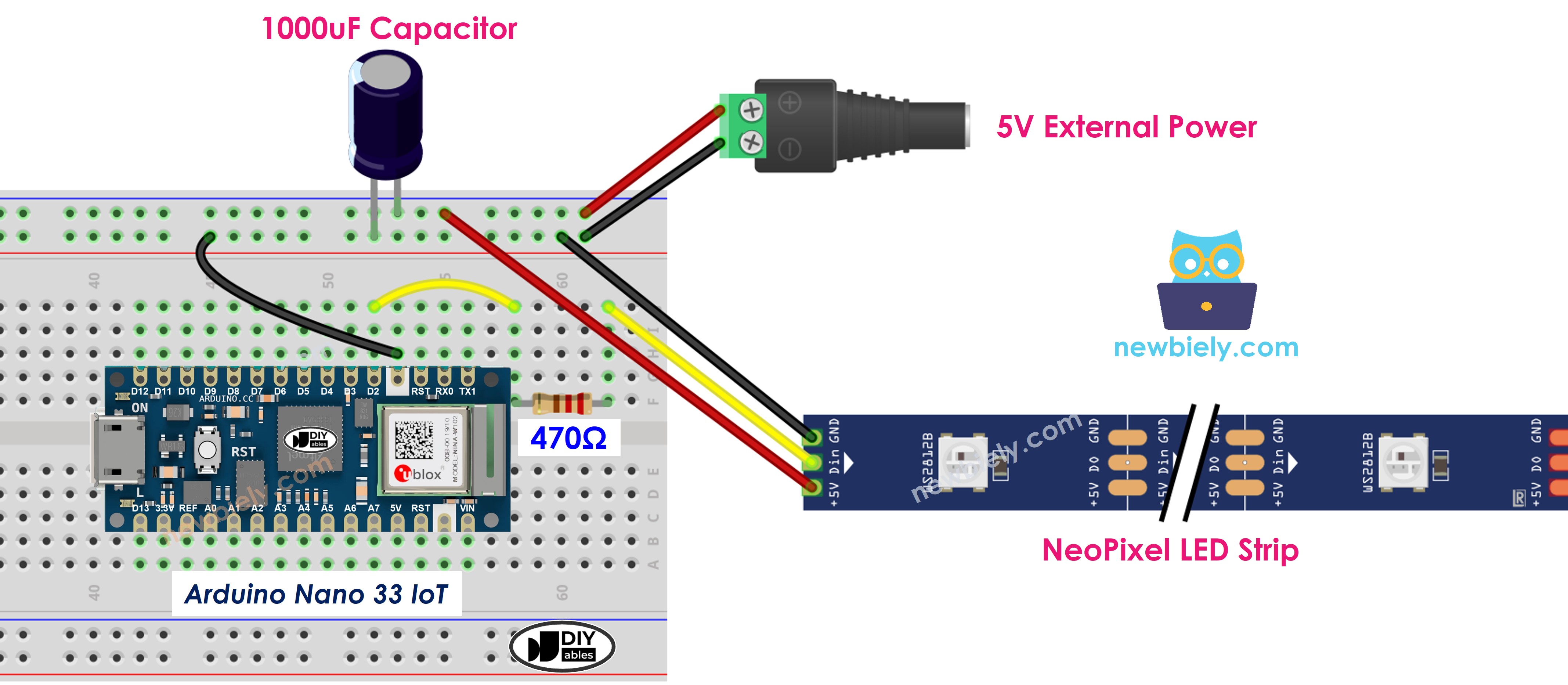 The wiring diagram between Arduino Nano and 33 IoT NeoPixel RGB LED strip