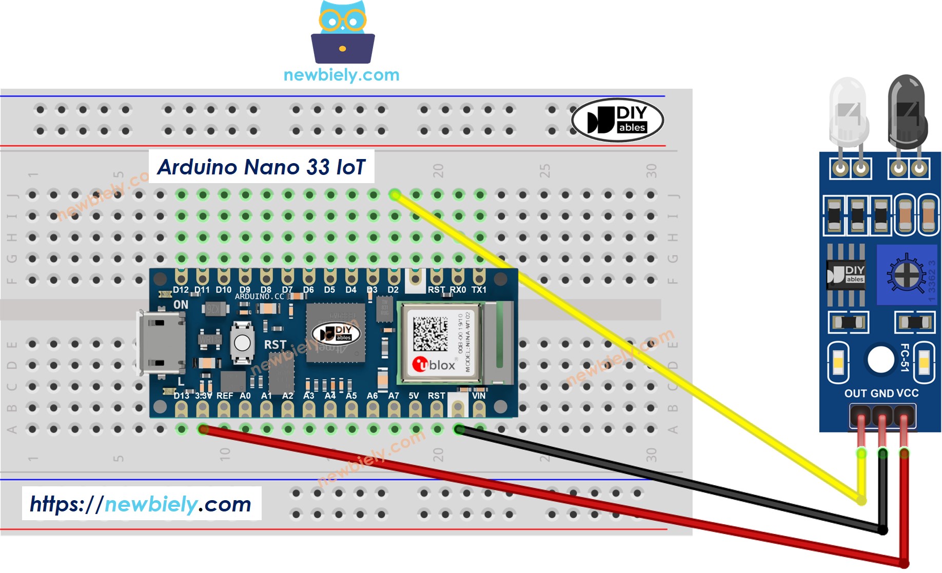 The wiring diagram between Arduino Nano and 33 IoT IR obstacle avoidance sensor