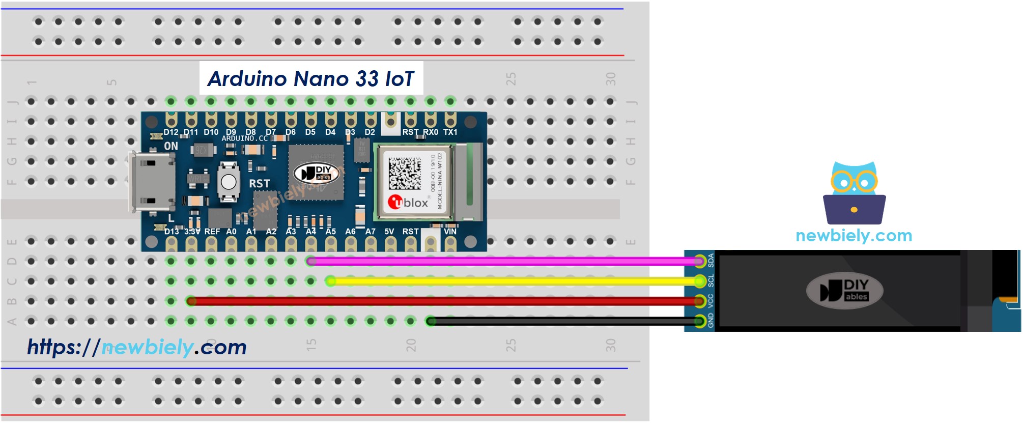 The wiring diagram between Arduino Nano and 33 IoT OLED 128x32