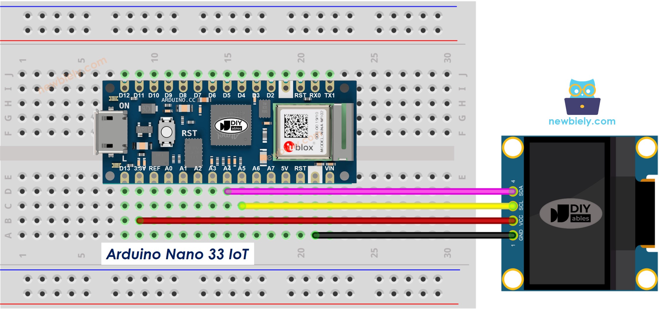 The wiring diagram between Arduino Nano and 33 IoT OLED