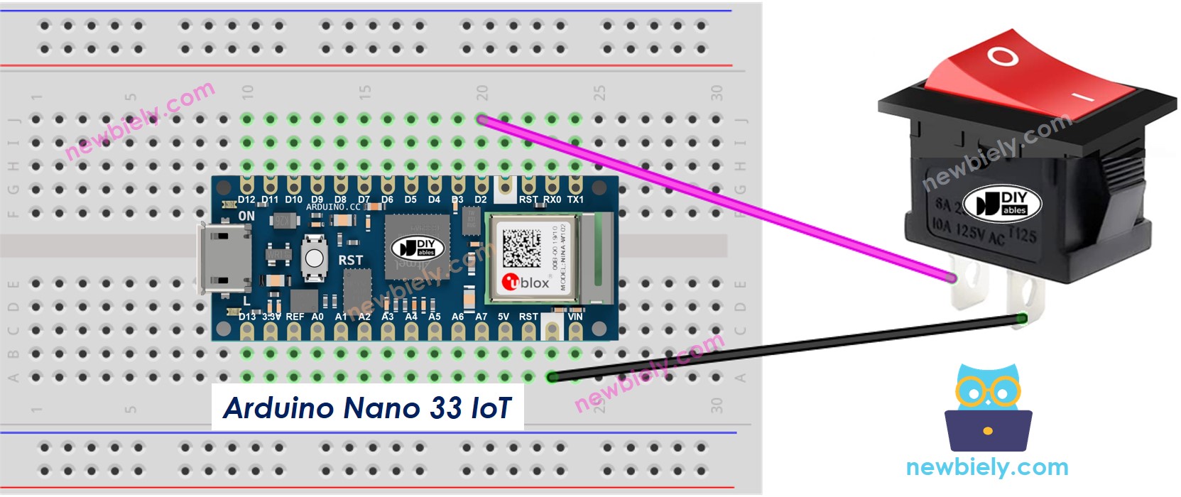 The wiring diagram between Arduino Nano and 33 IoT ON/OFF Switch