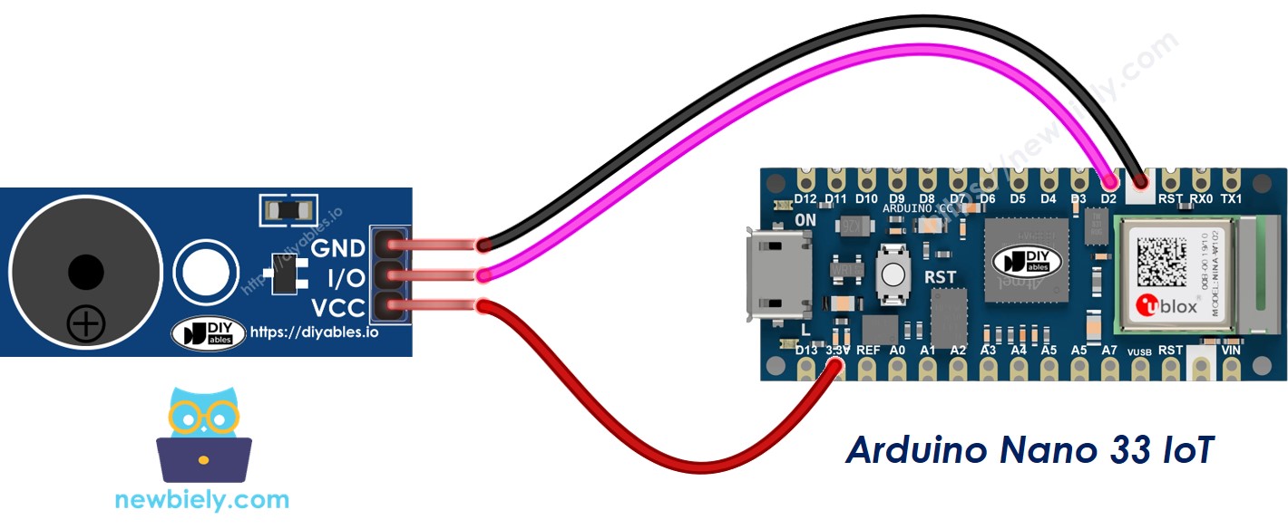 The wiring diagram between Arduino Nano and 33 IoT Piezo Buzzer module