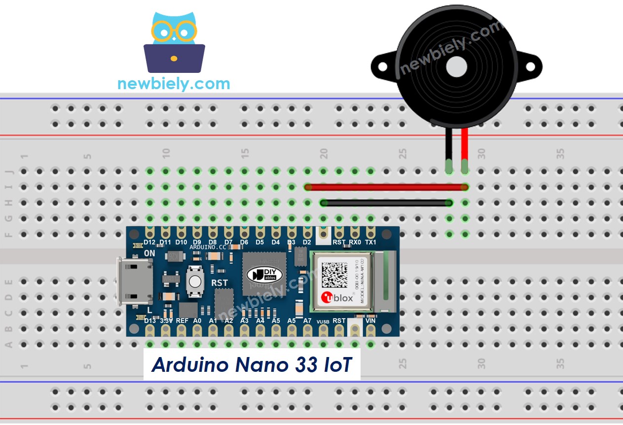 The wiring diagram between Arduino Nano and 33 IoT Piezo Buzzer