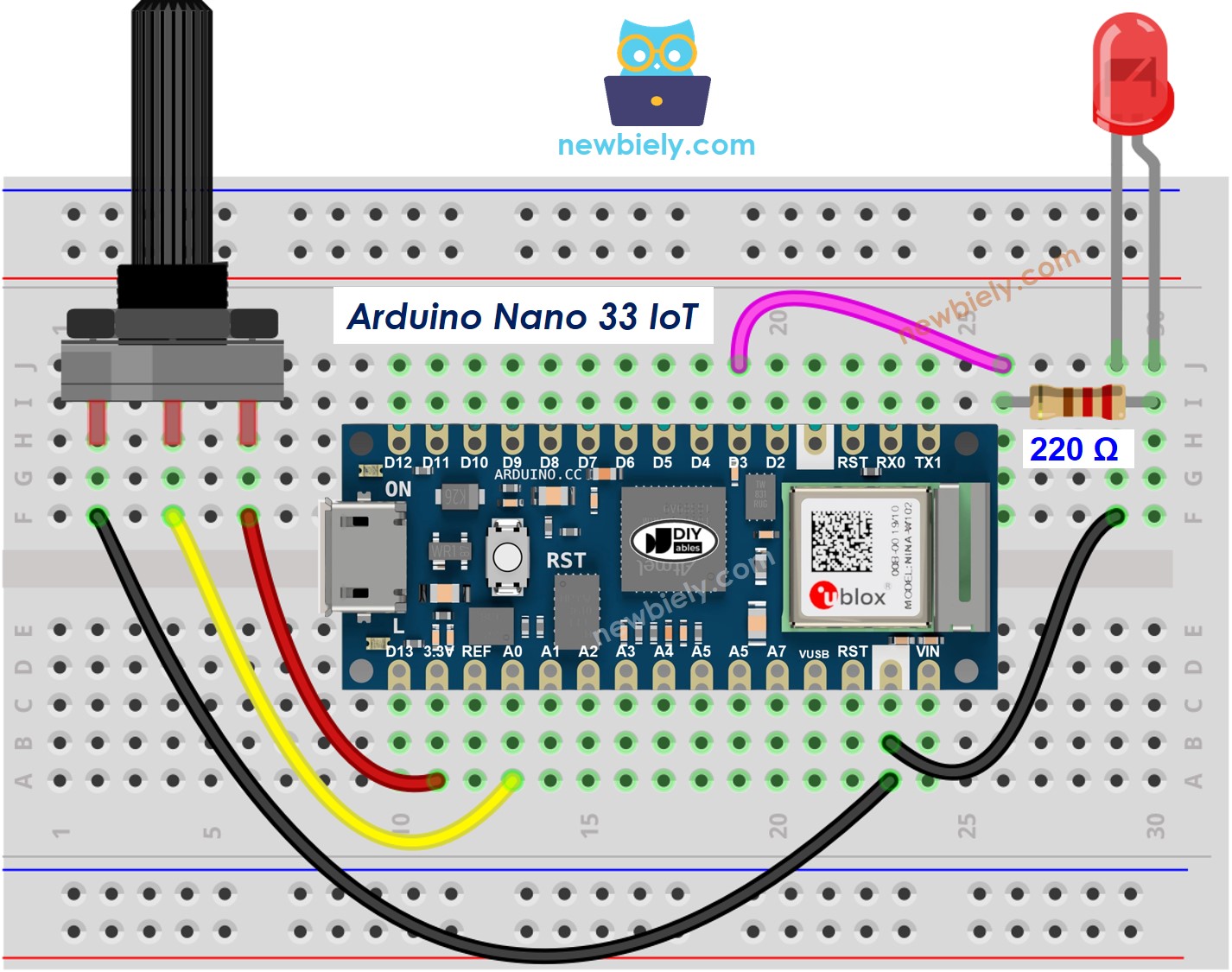 The wiring diagram between Arduino Nano and 33 IoT Rotary Potentiometer LED