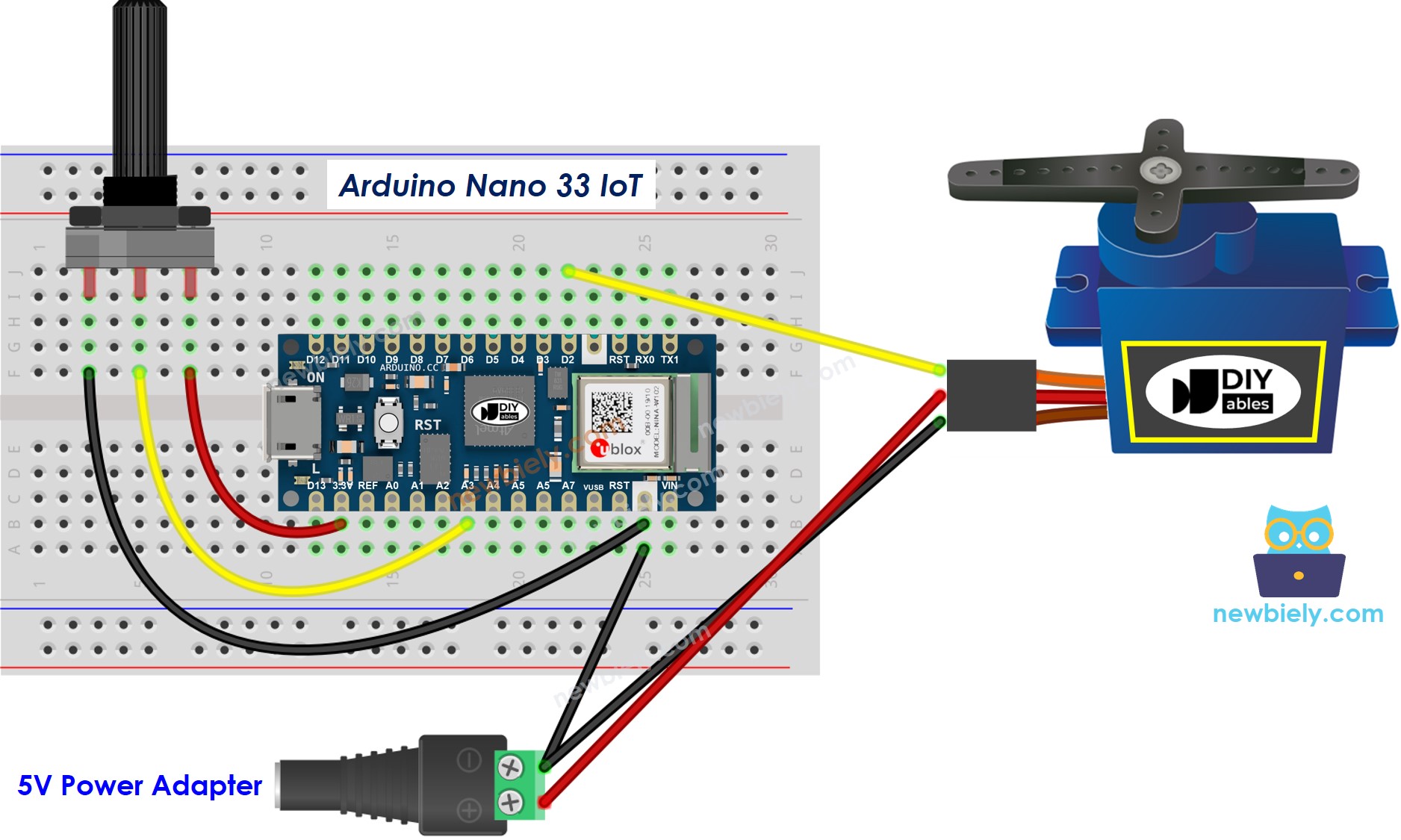 The wiring diagram between Arduino Nano and 33 IoT Servo Motor Potentiometer