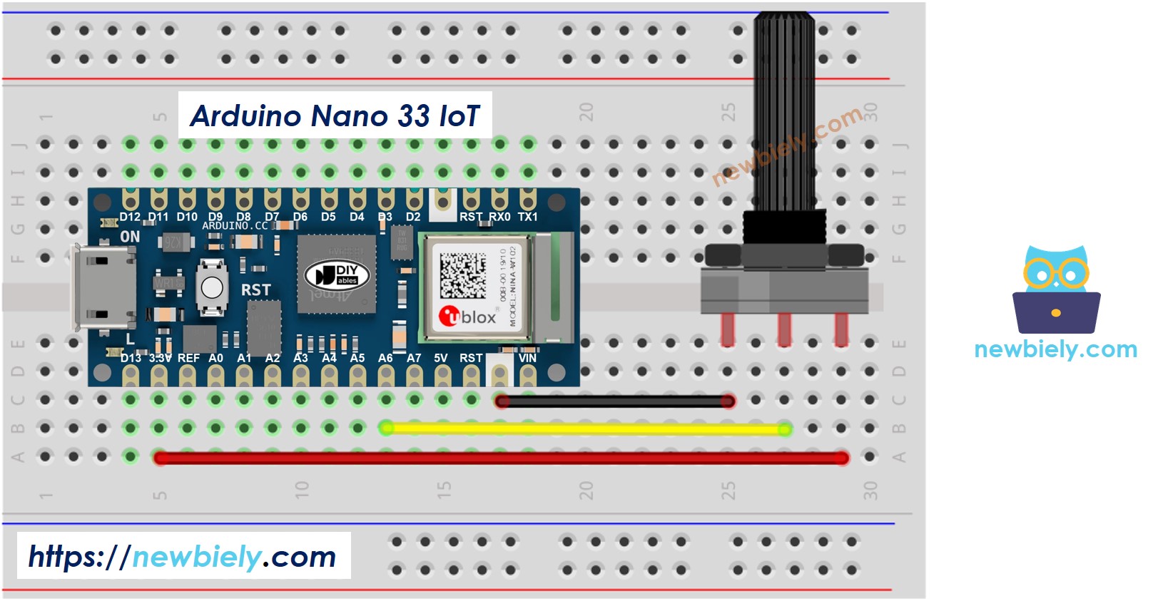 The wiring diagram between Arduino Nano and 33 IoT Potentiometer