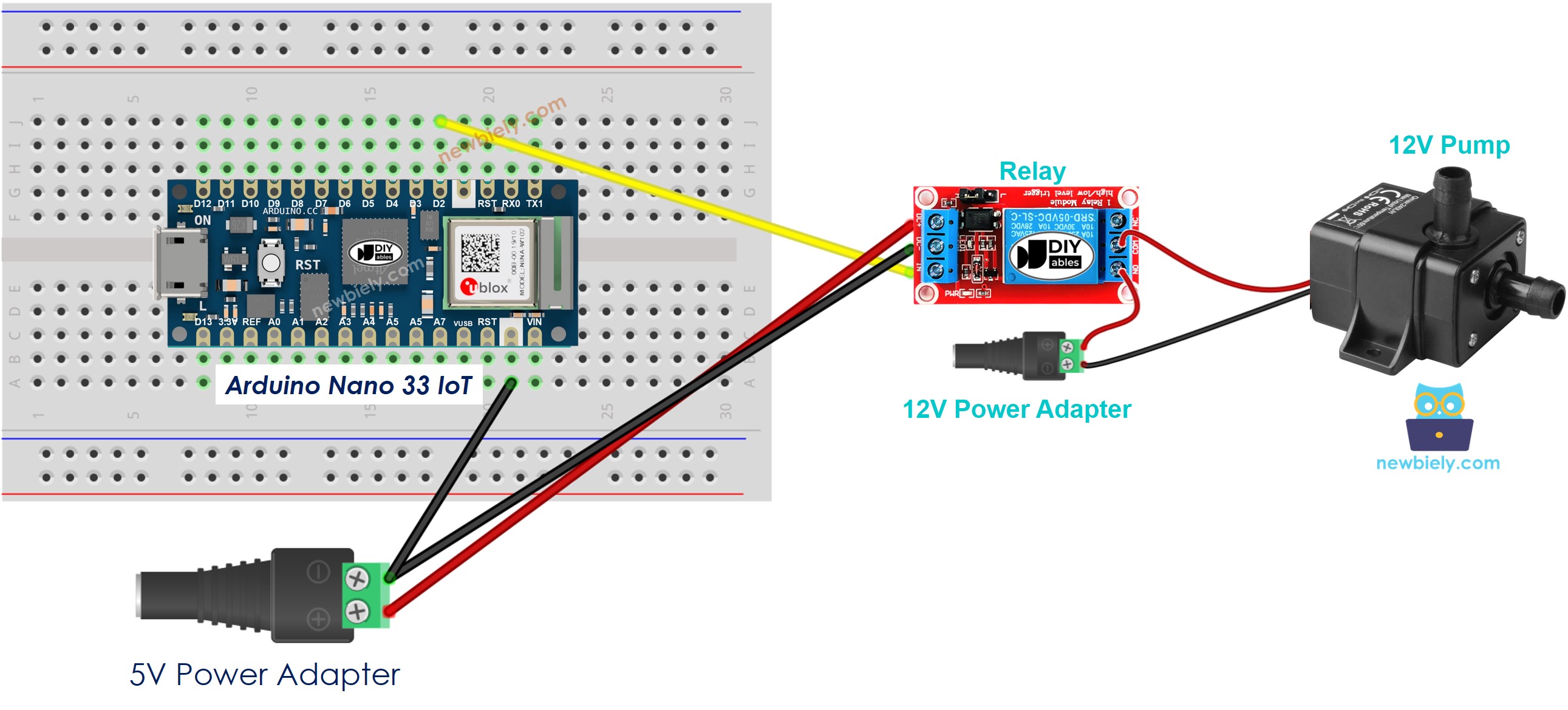 The wiring diagram between Arduino Nano and 33 IoT Pump