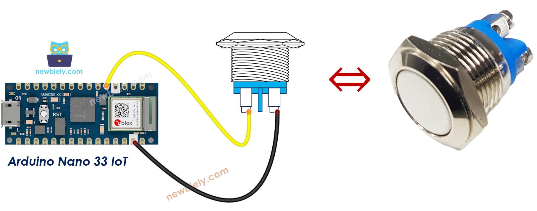 The wiring diagram between Arduino Nano and 33 IoT two-pin push button