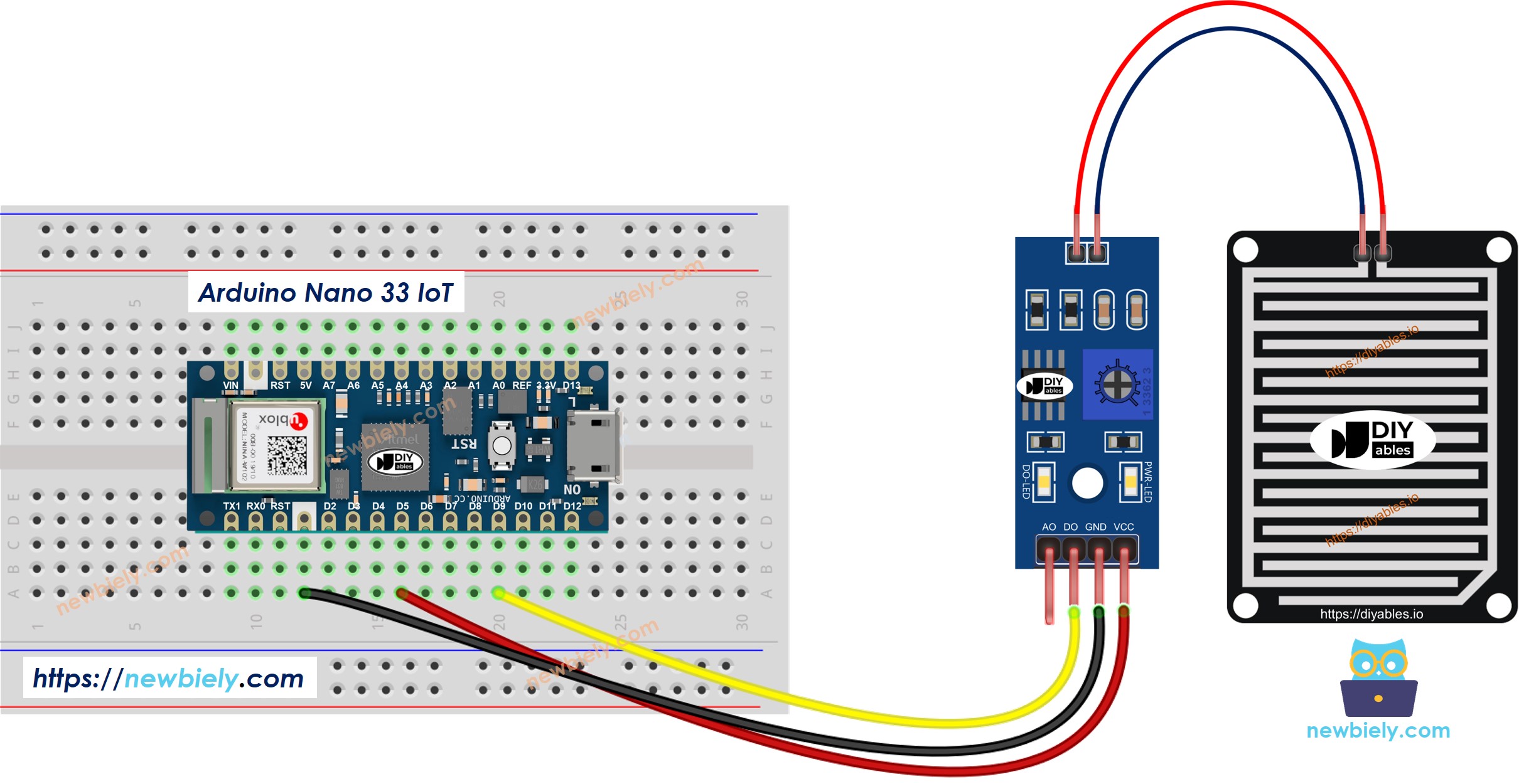 The wiring diagram between Arduino Nano and 33 IoT rain sensor