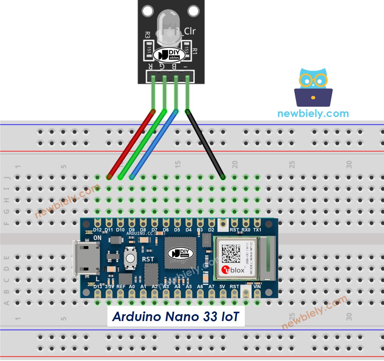 The wiring diagram between Arduino Nano and 33 IoT RGB LED module