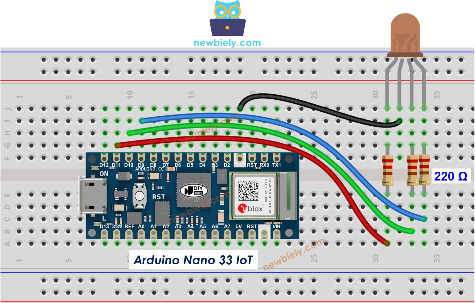 The wiring diagram between Arduino Nano and 33 IoT RGB LED