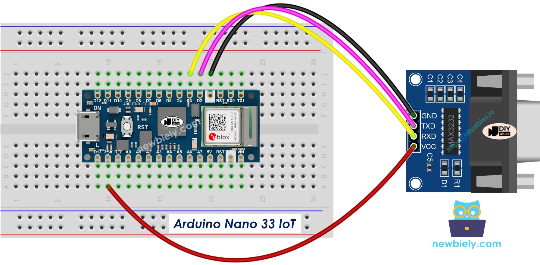 The wiring diagram between Arduino Nano and 33 IoT TTL to RS232