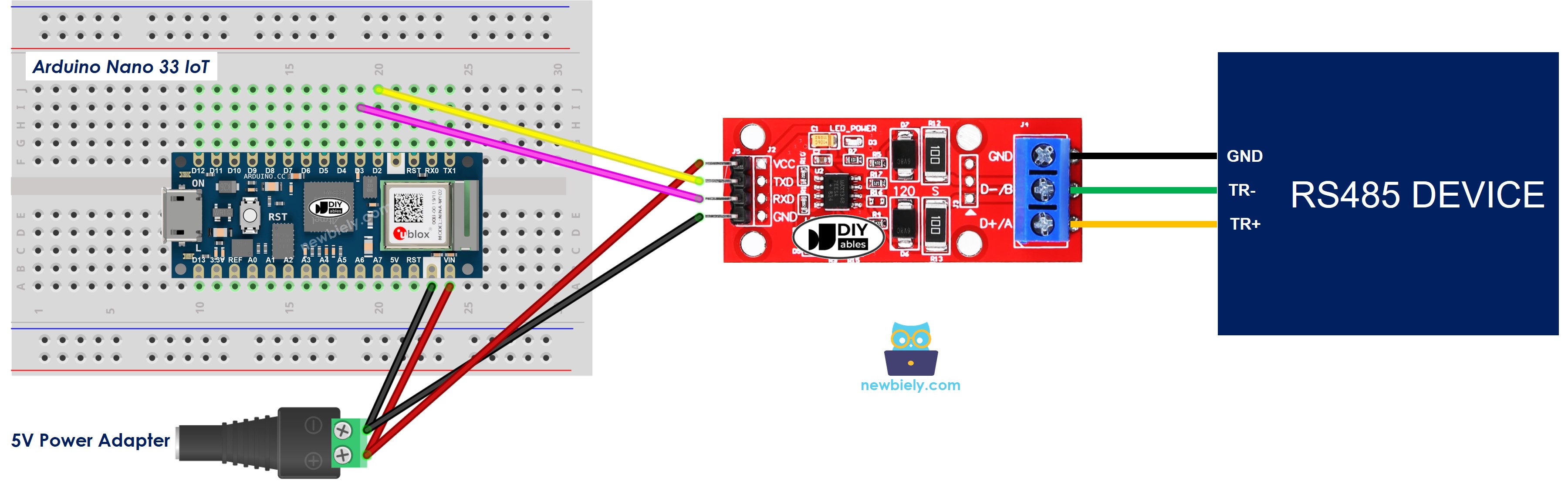 The wiring diagram between Arduino Nano and 33 IoT TTL to RS485