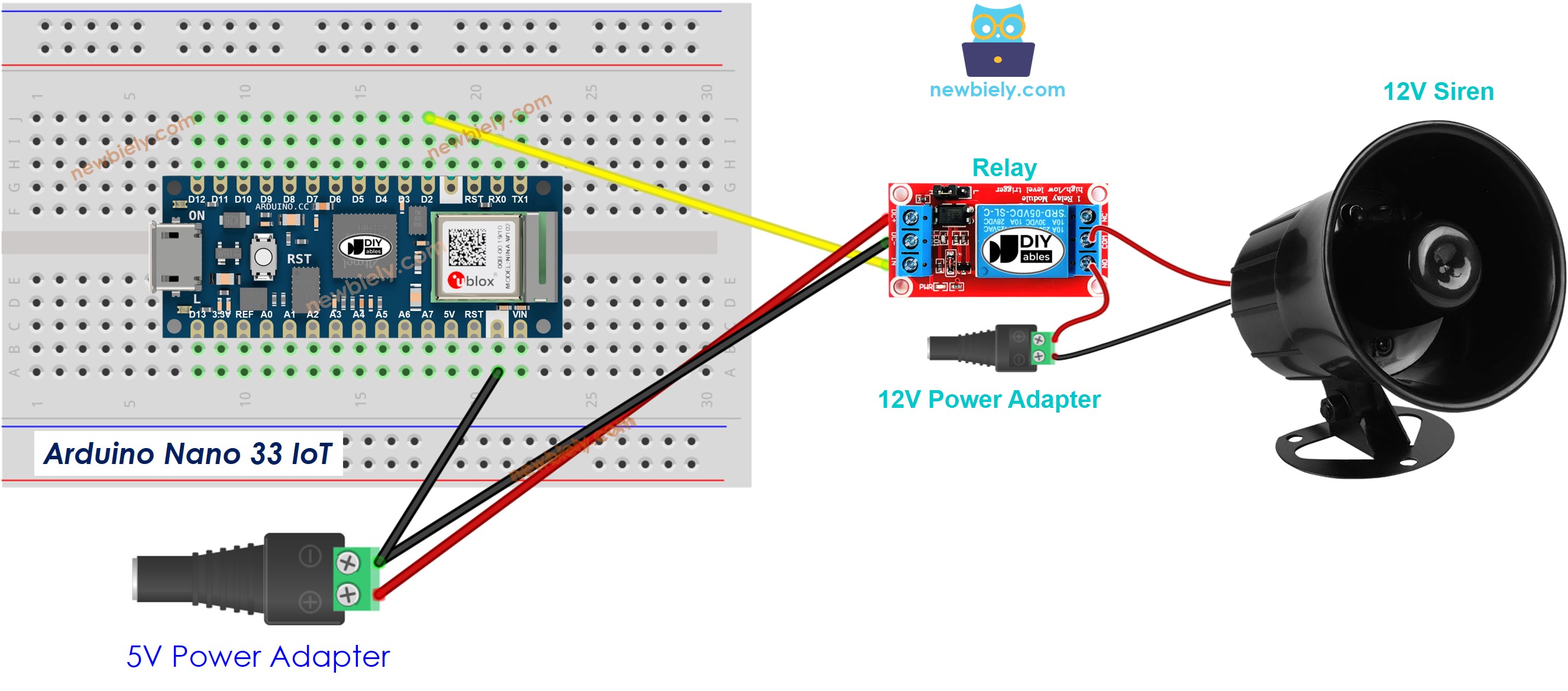 The wiring diagram between Arduino Nano and 33 IoT 12V siren